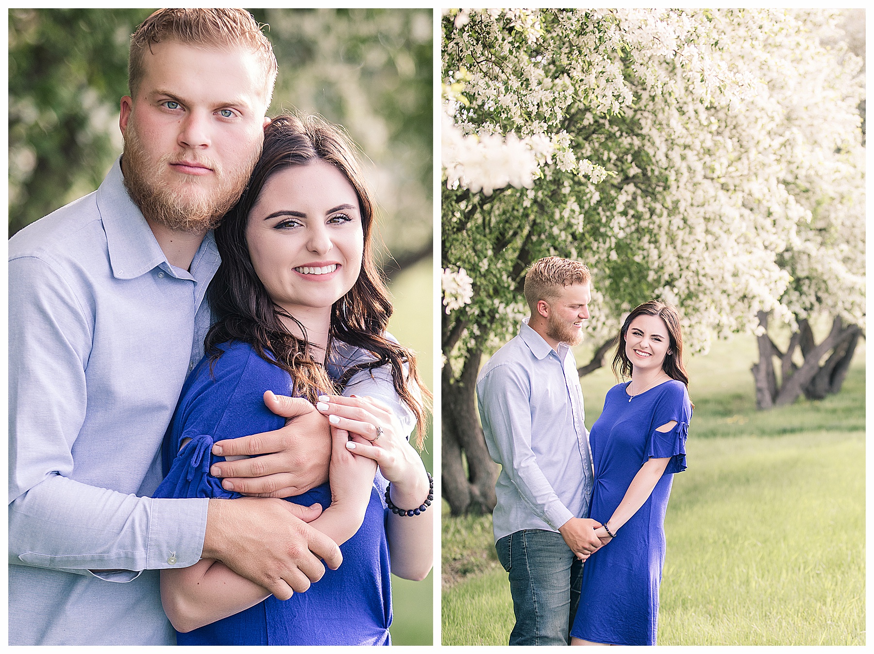 Engagement pictures by flowering white trees