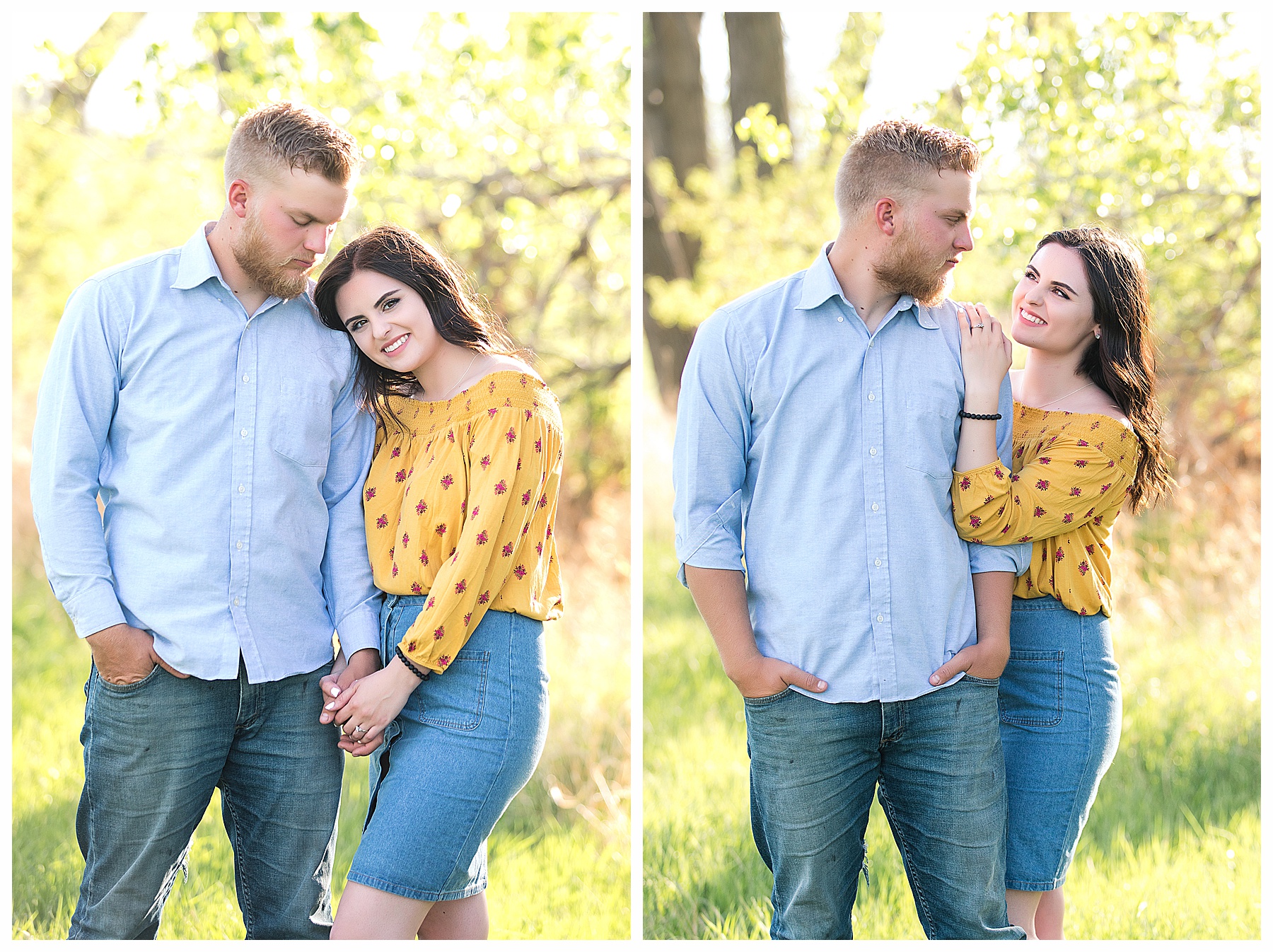 Engagement pictures in backlight trees and field