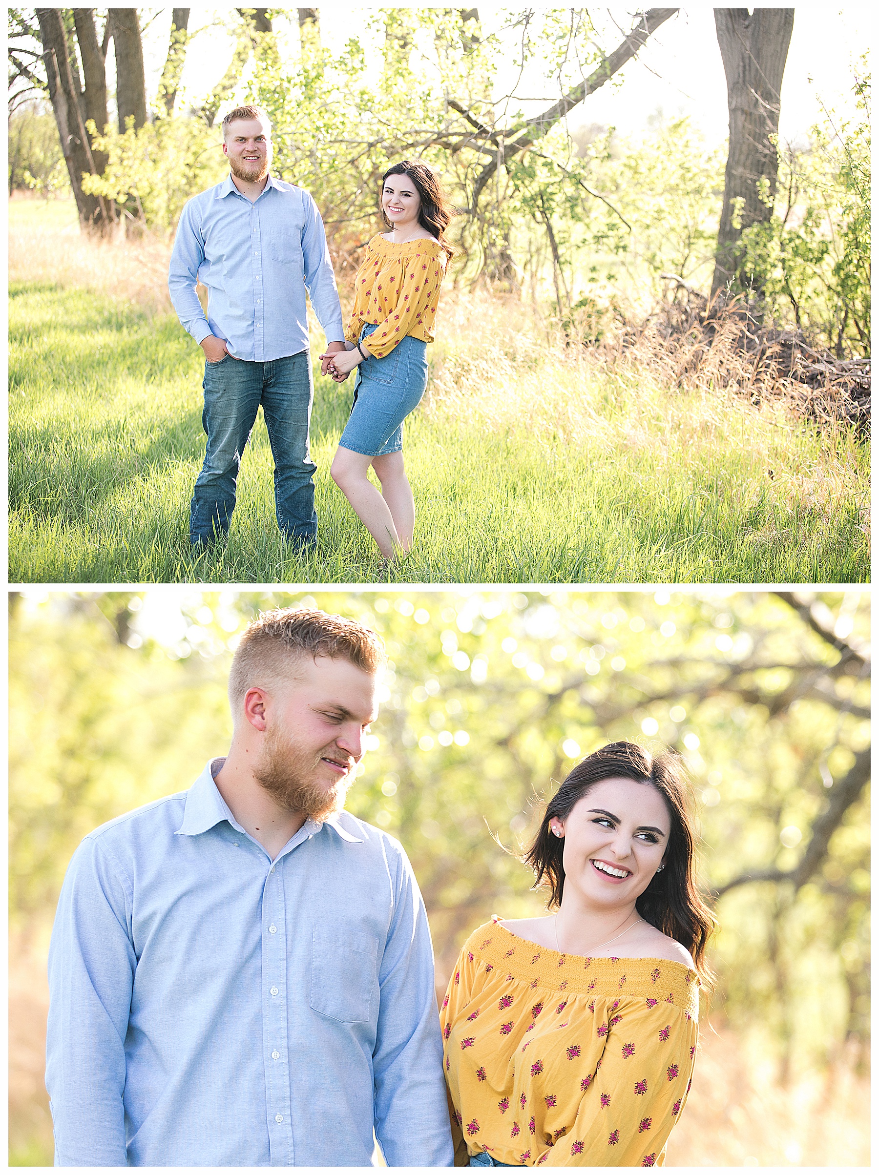 Engagement pictures of couple in grass and field