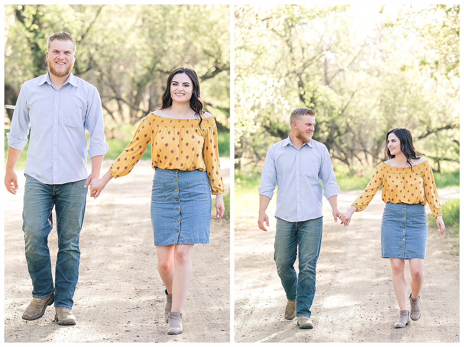 Engagement pictures walking down dirt road