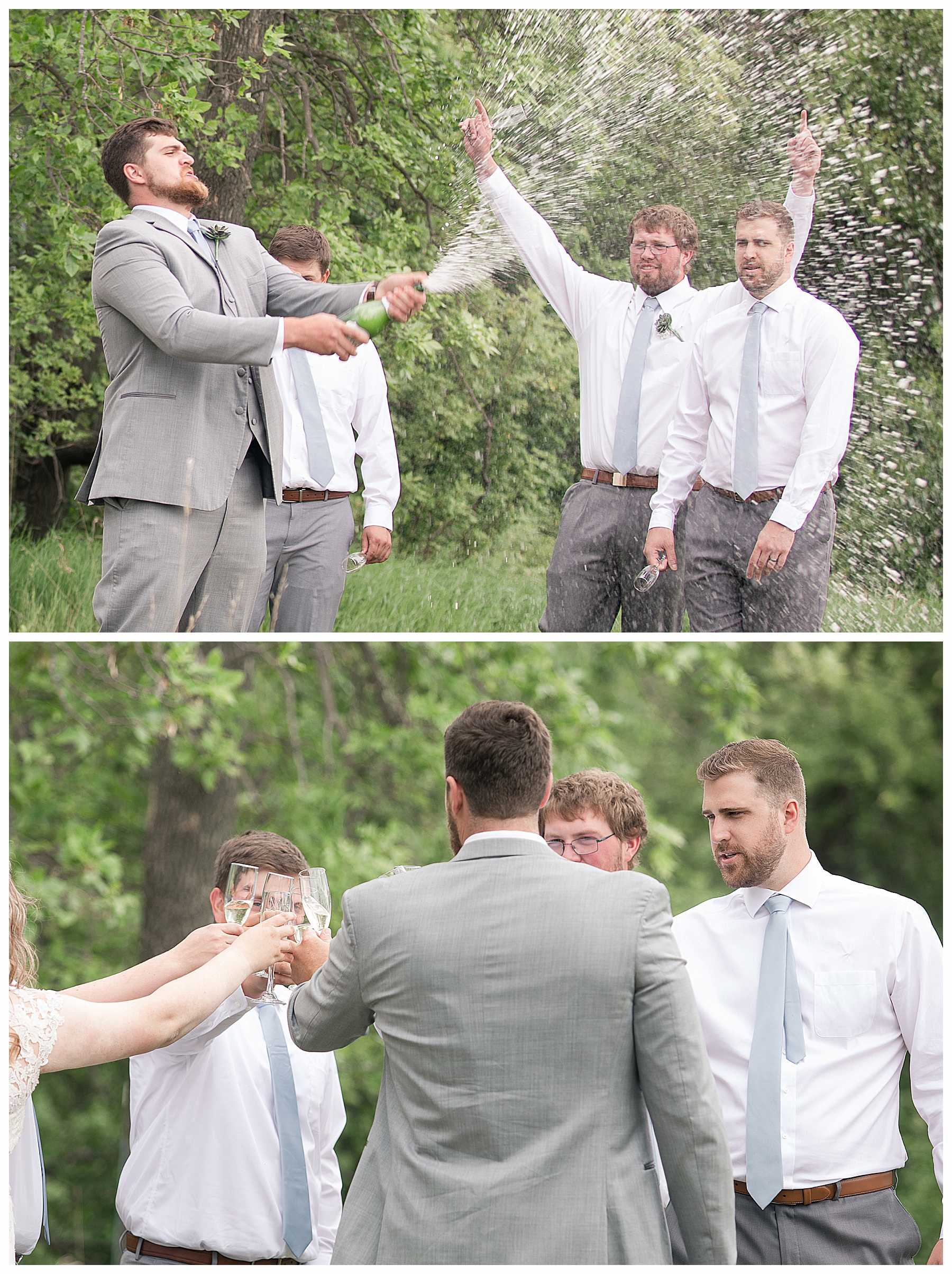 champagne toast after wedding. Celebrating Love during Social Isolation.  Champagne sprays when from opens bottle and sprays groomsmen
