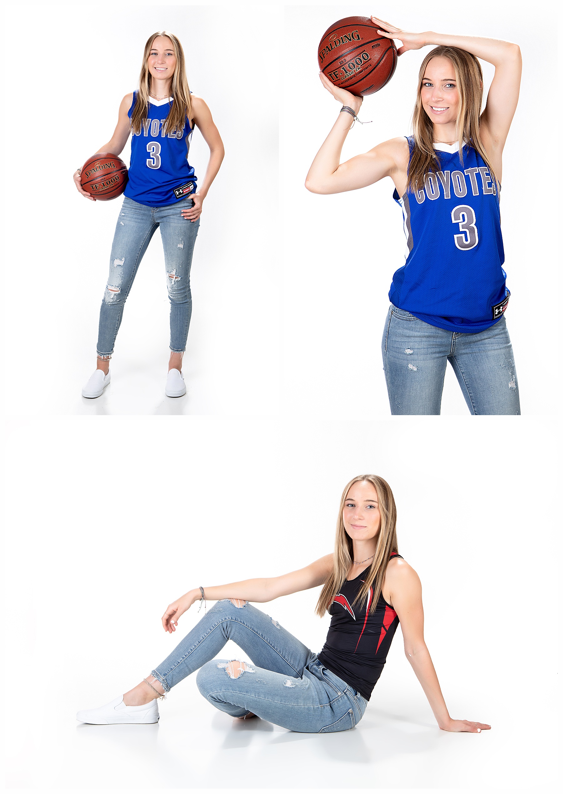 Senior girl poses in basketball uniforms  and track uniform