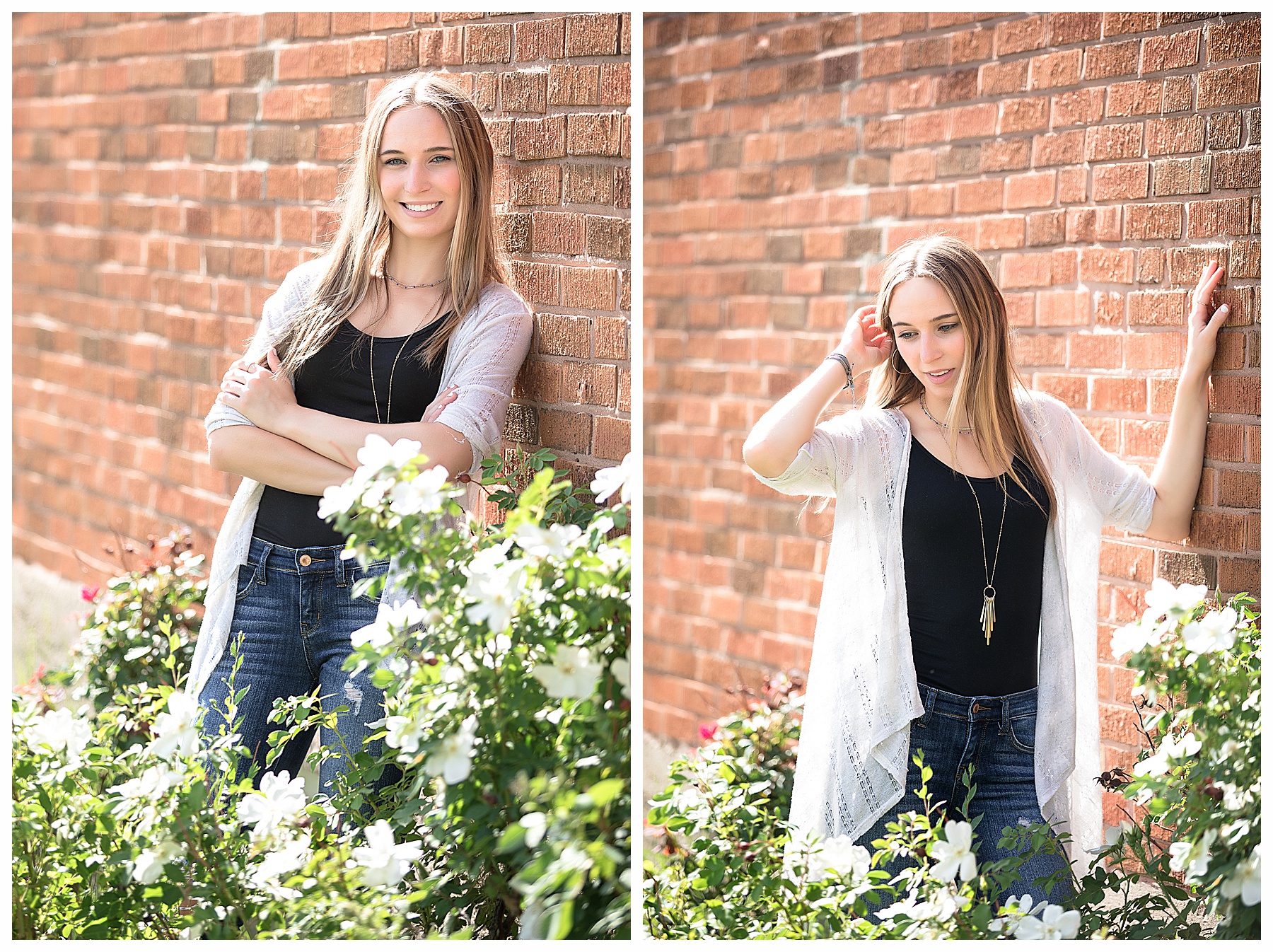 senior pictures by brick wall and roses