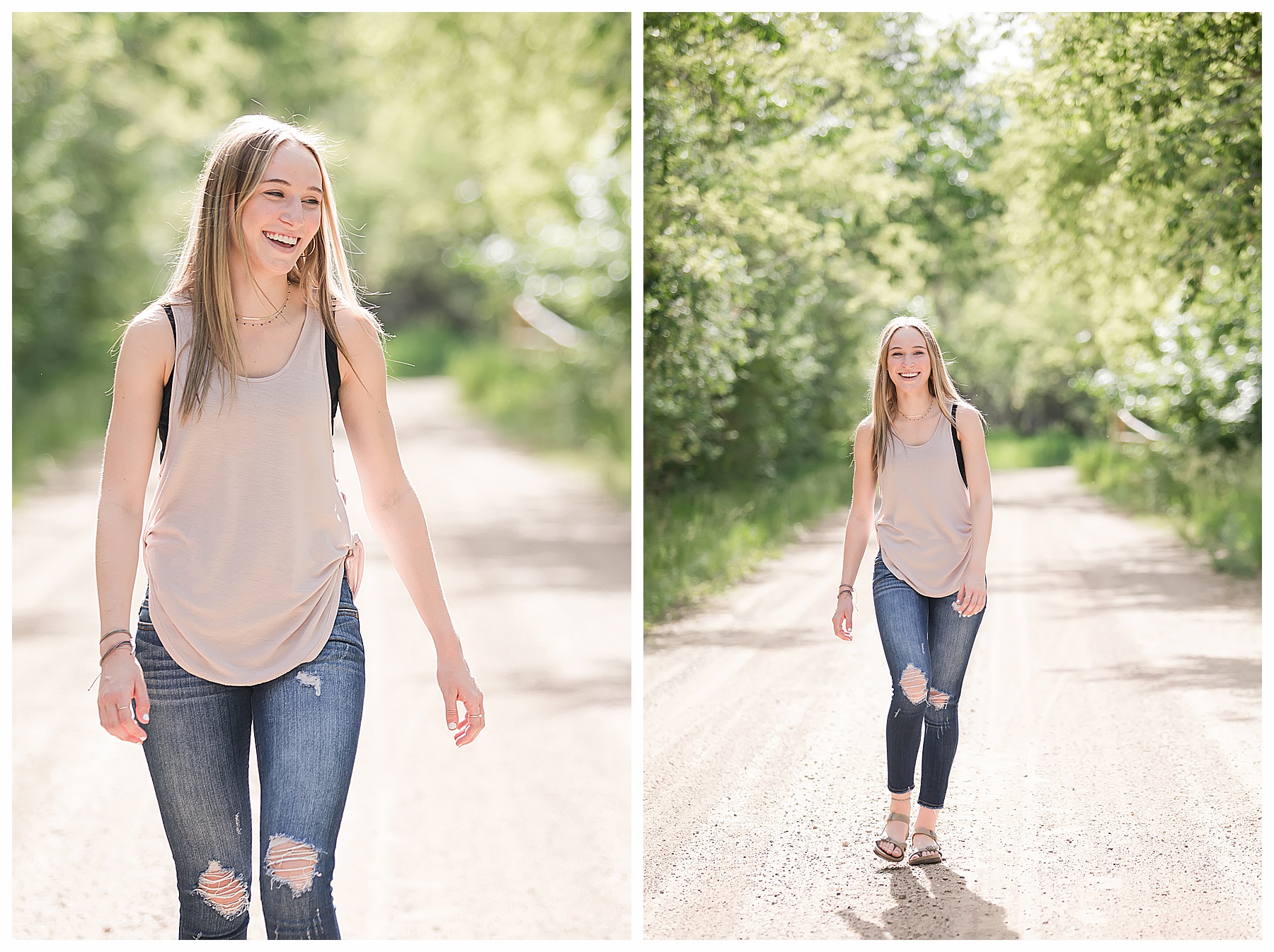 senior girl walks down dirt road