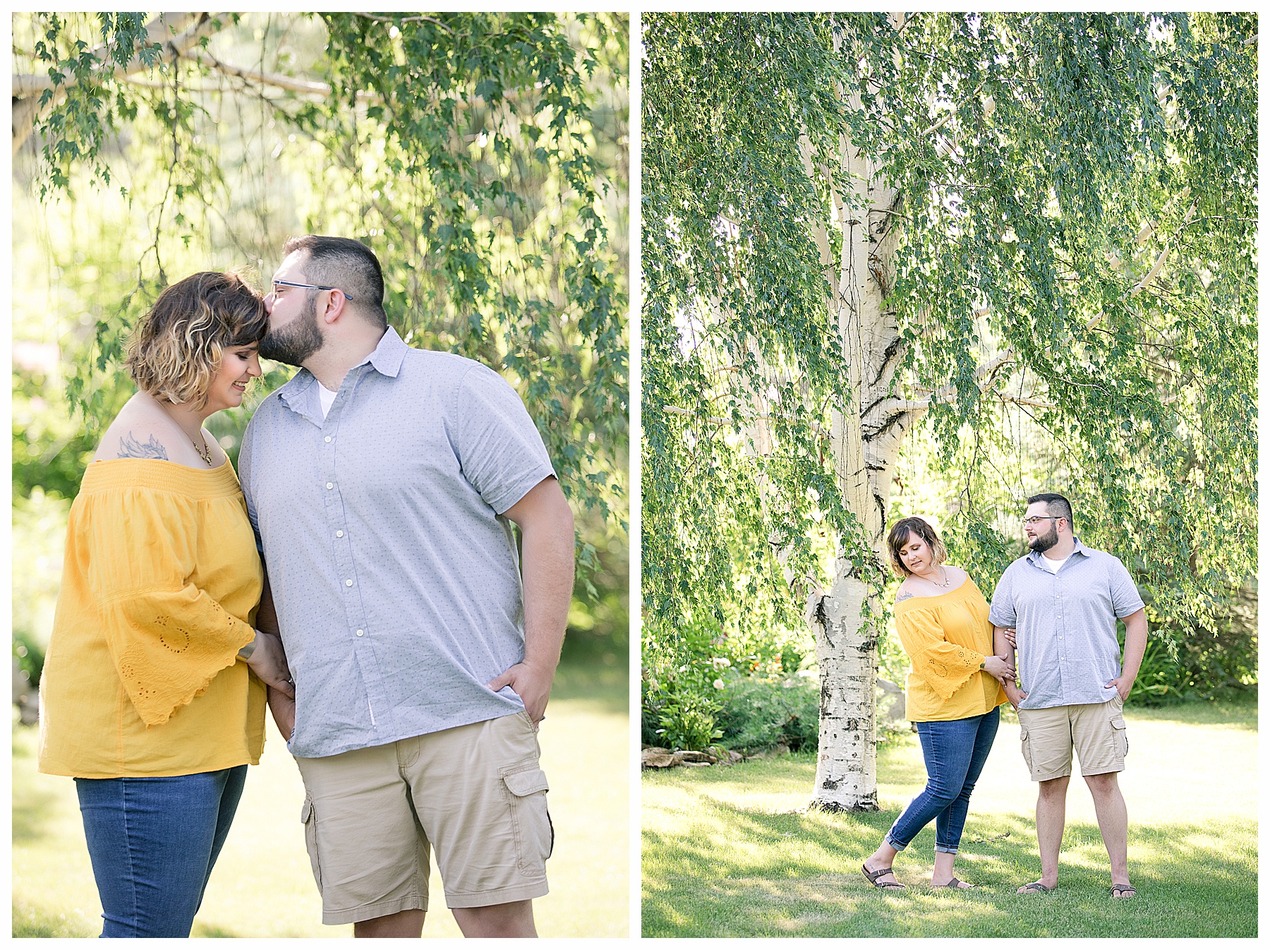 engagement pictures by weeping willow tree
