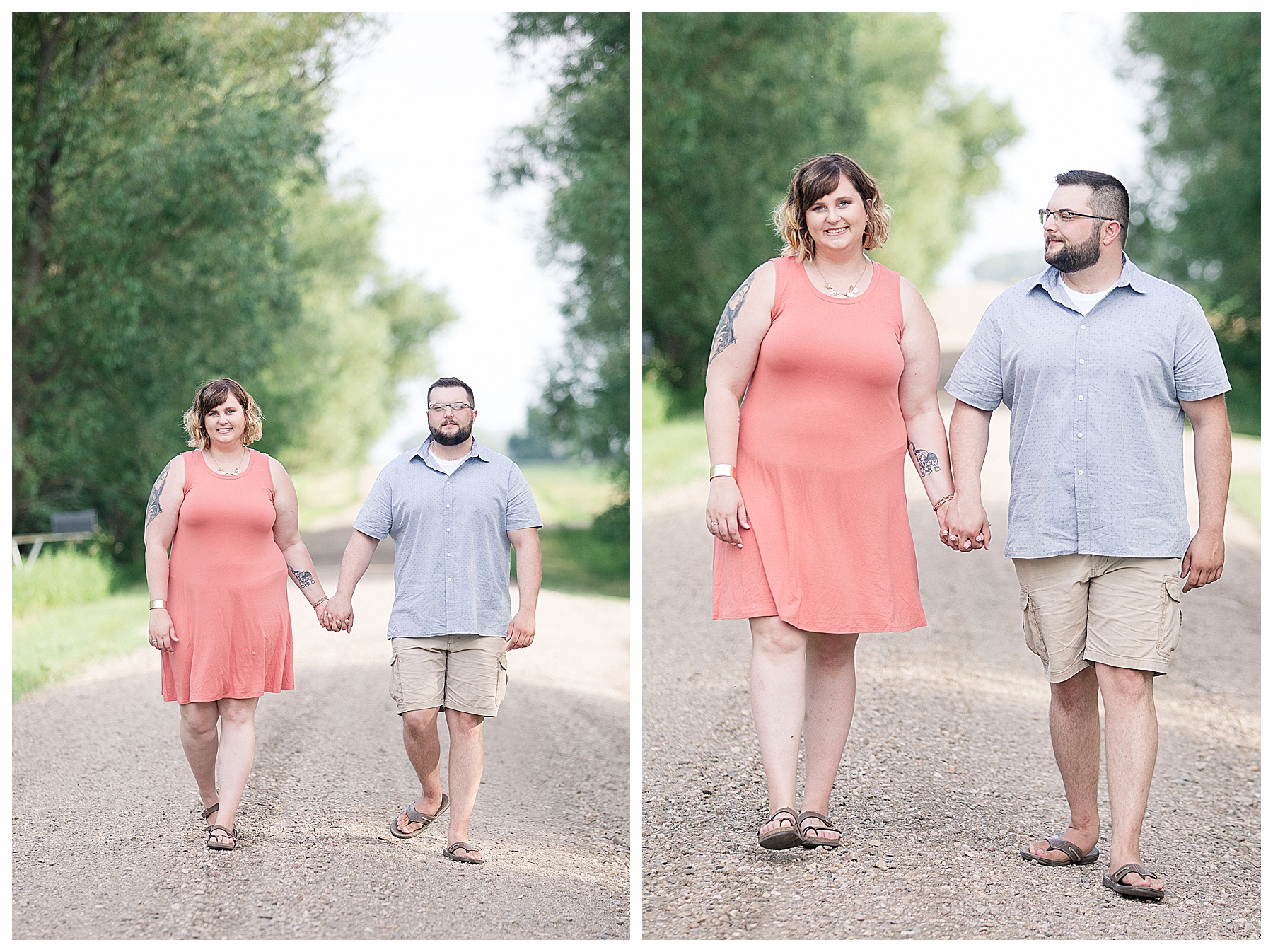 engaged couple walk down country road