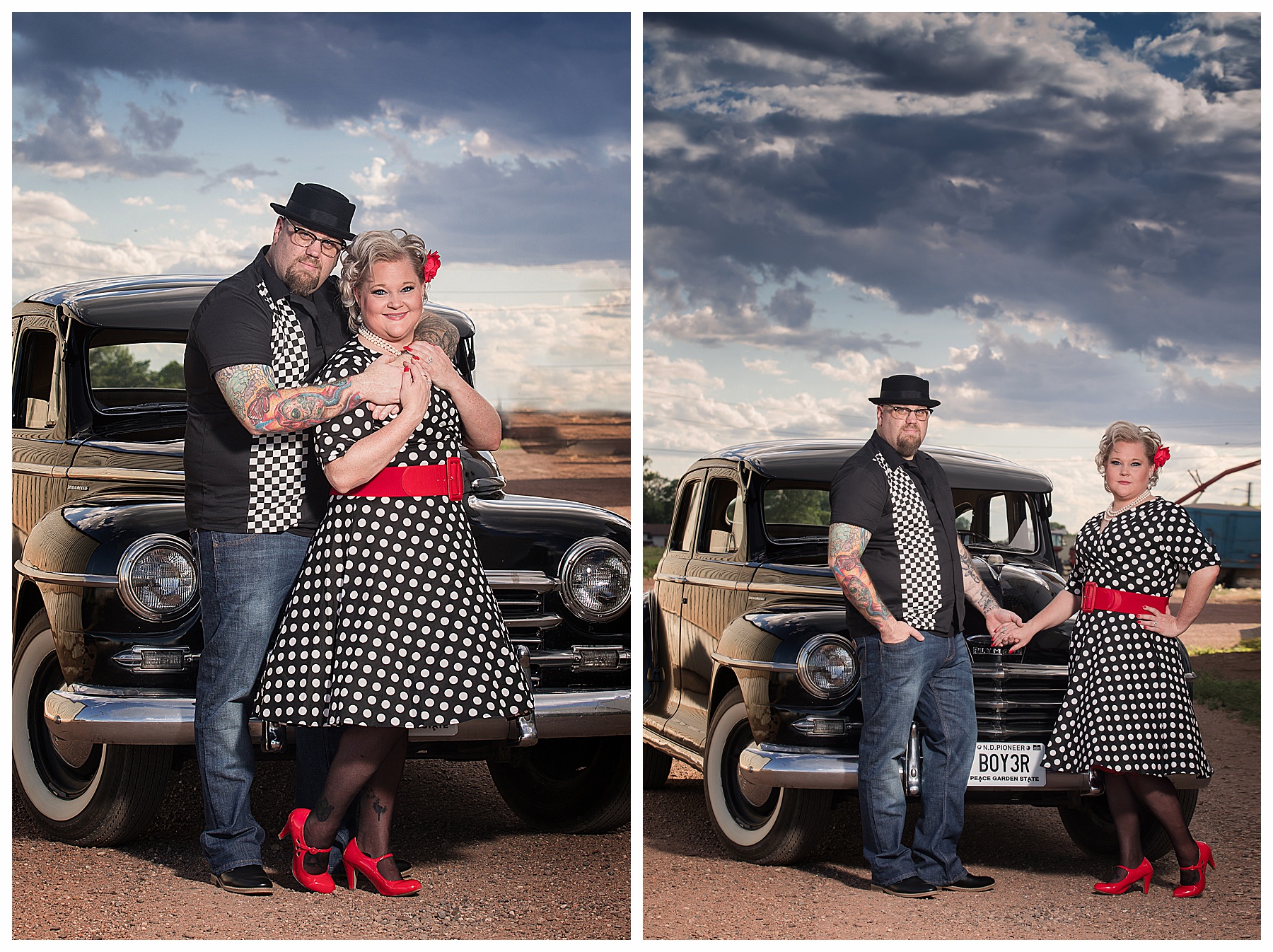 Engagement pictures with classic antique car
