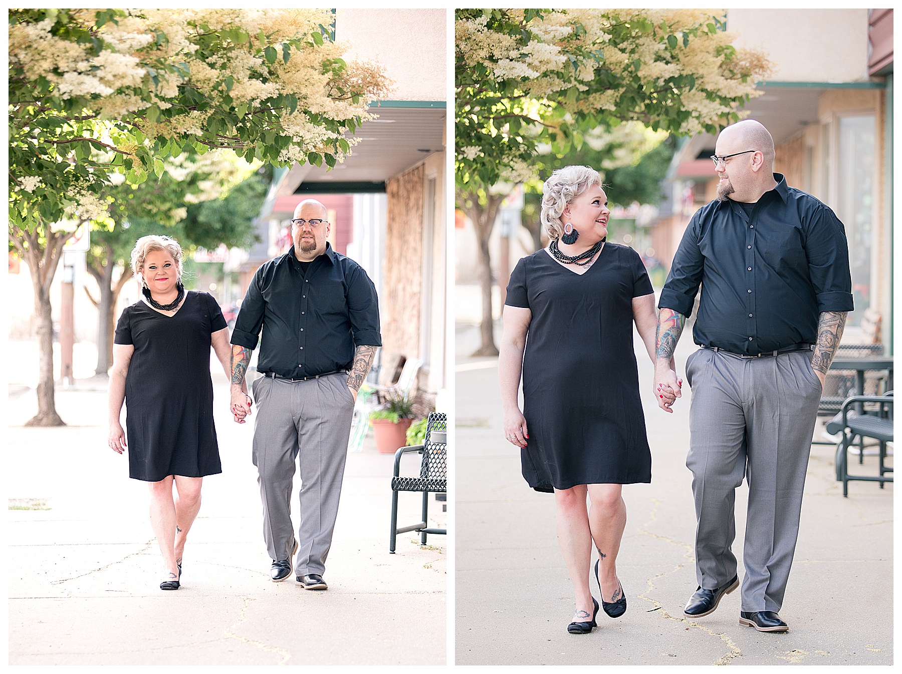 engagement pictures walking down the street
