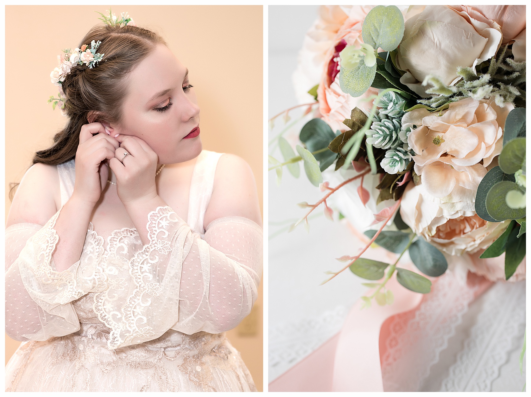 Bride and lace wedding gown. and flowers in hair puts on her earrings while getting ready. Peach and safe wedding bouquet
