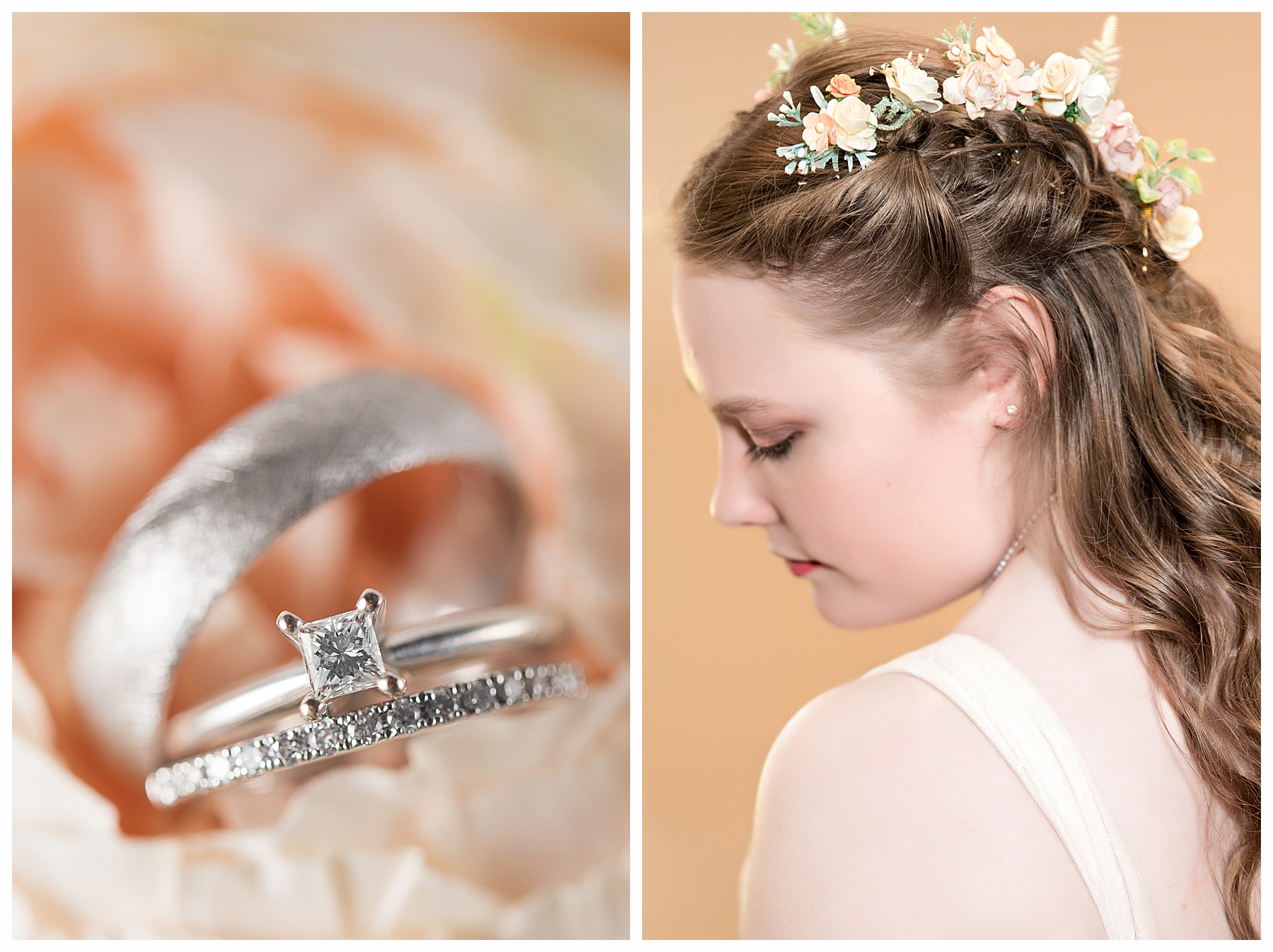 Bride with peach flowers in her hair