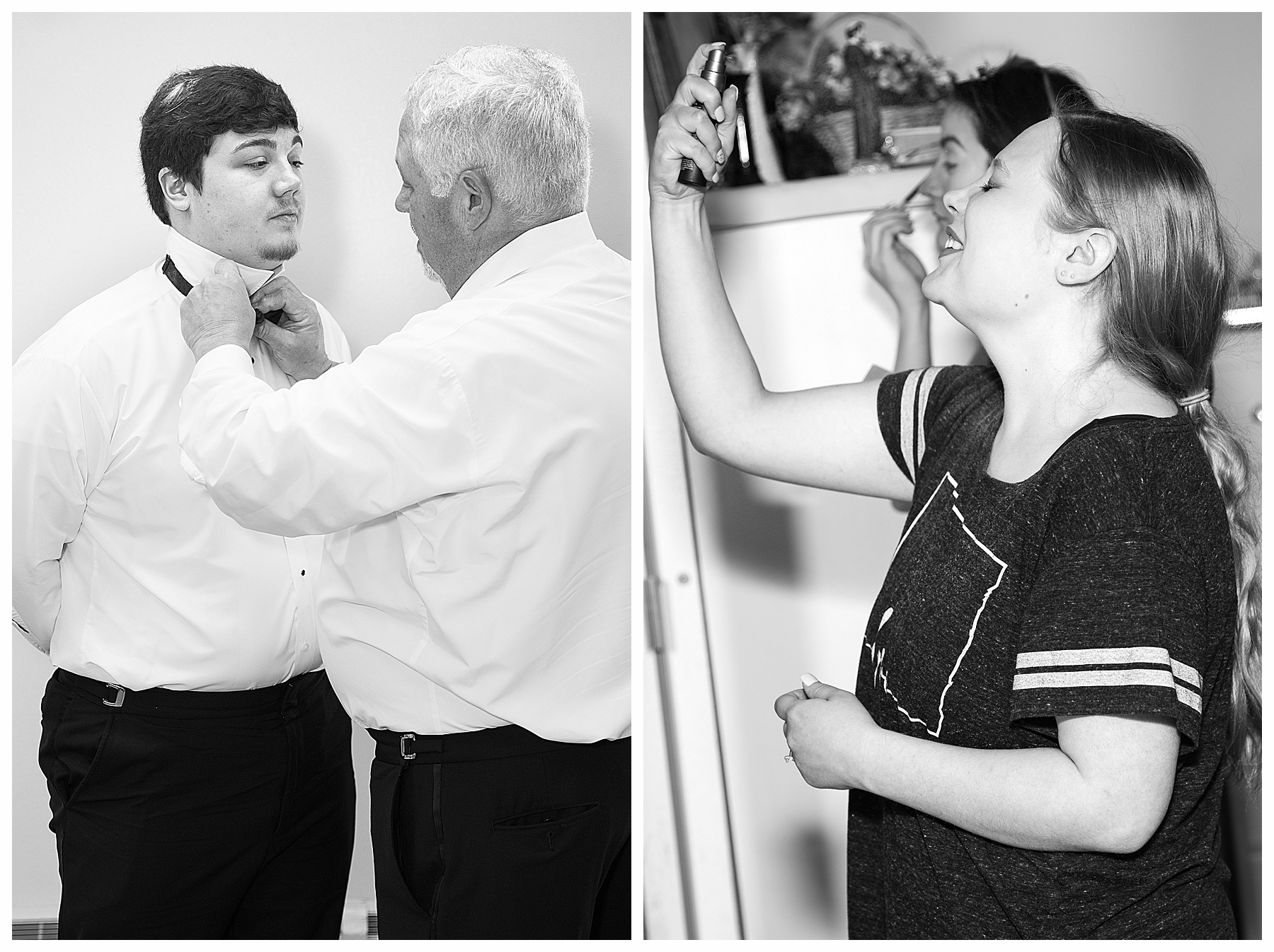 bride and groom getting ready before the wedding, father helping groom and bride spritzing perfume