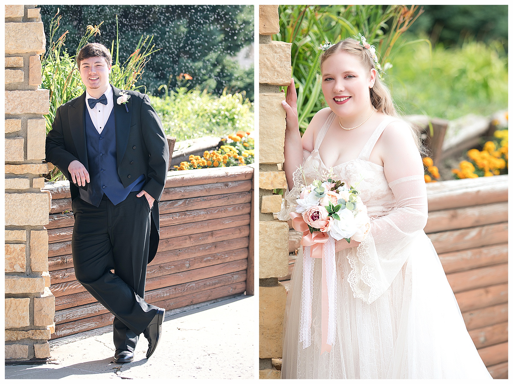 Groom in navy tux and bow tie and bride in lac gown with flowing sleeves