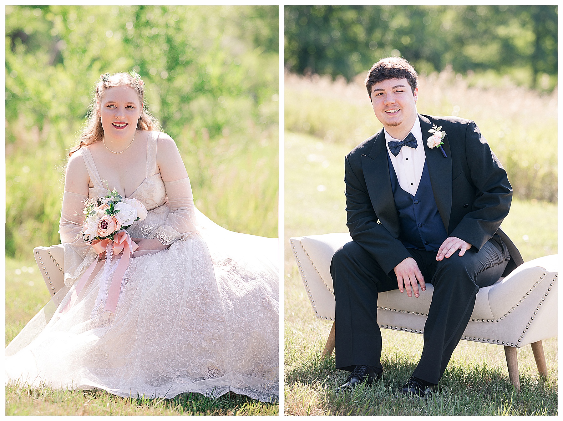 Bride sits on bench in a field wearing her full lace wedding gown with flowing sleeves