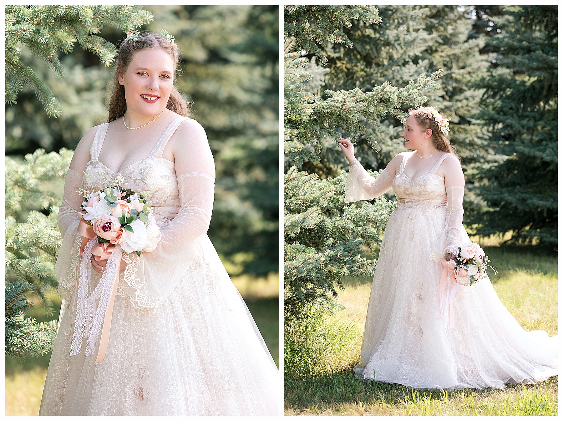 Bride in evergreen trees wearing a full lace gown with detachable flowing sleeves