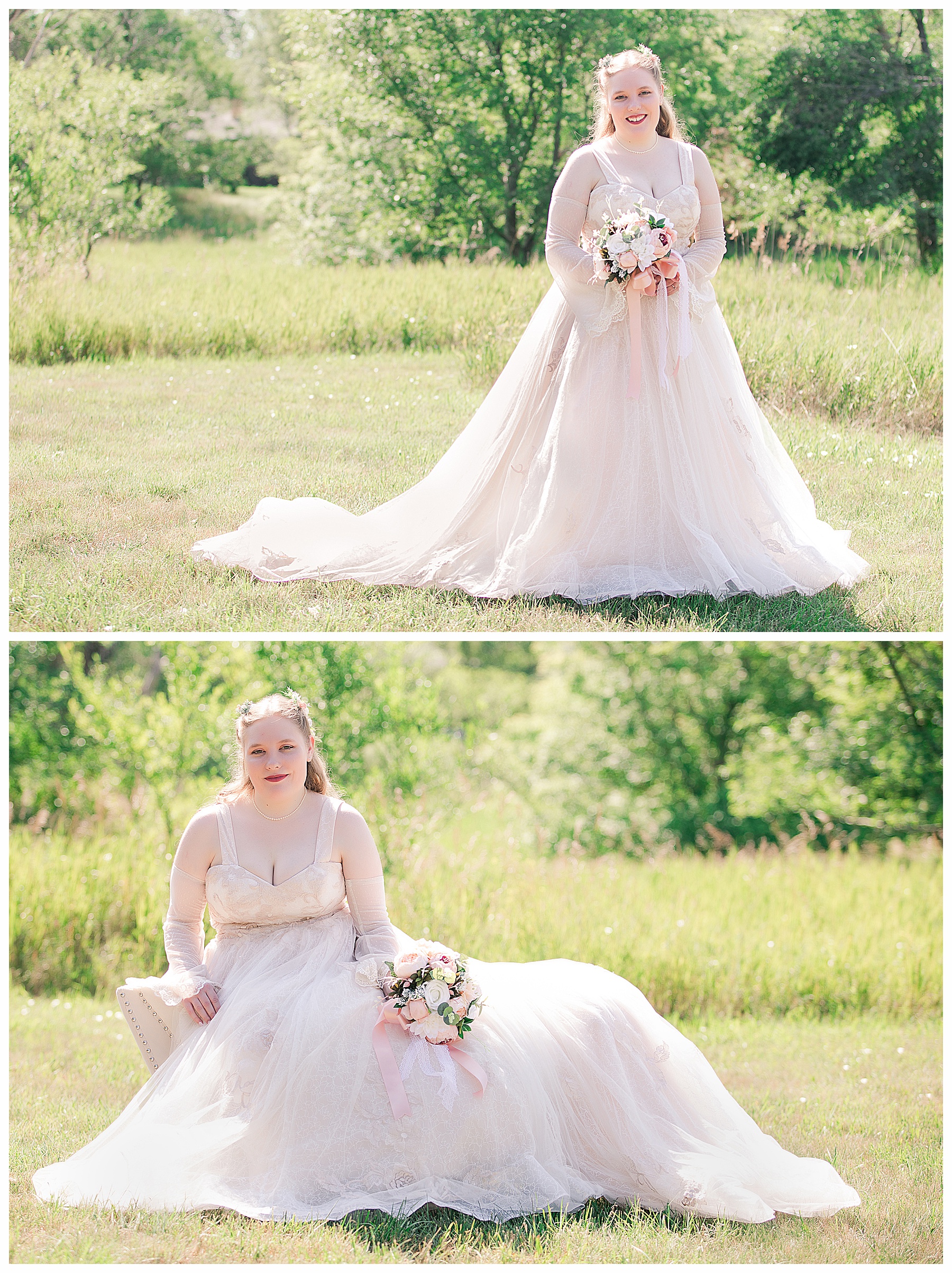 Bride in wide open field wearing a lace ball gown with detachable flowing sleeves