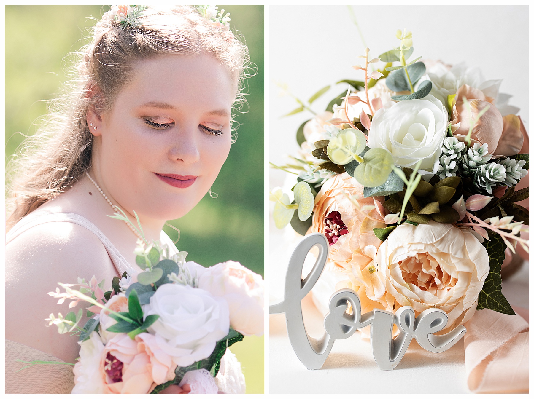 bride and bridal bouquet with peach and ivory flowers