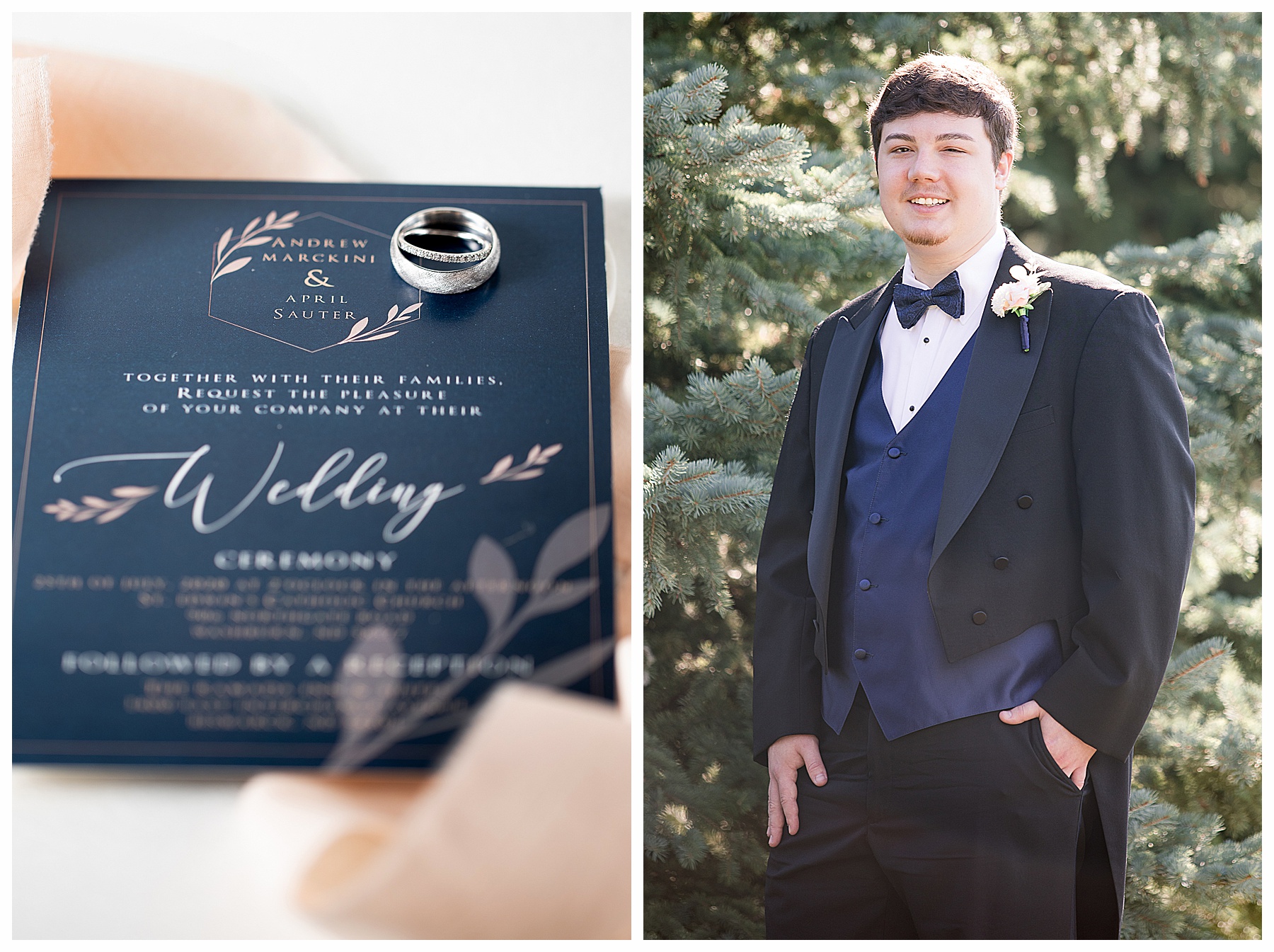 Groom In tux with tails and navy vest and tails