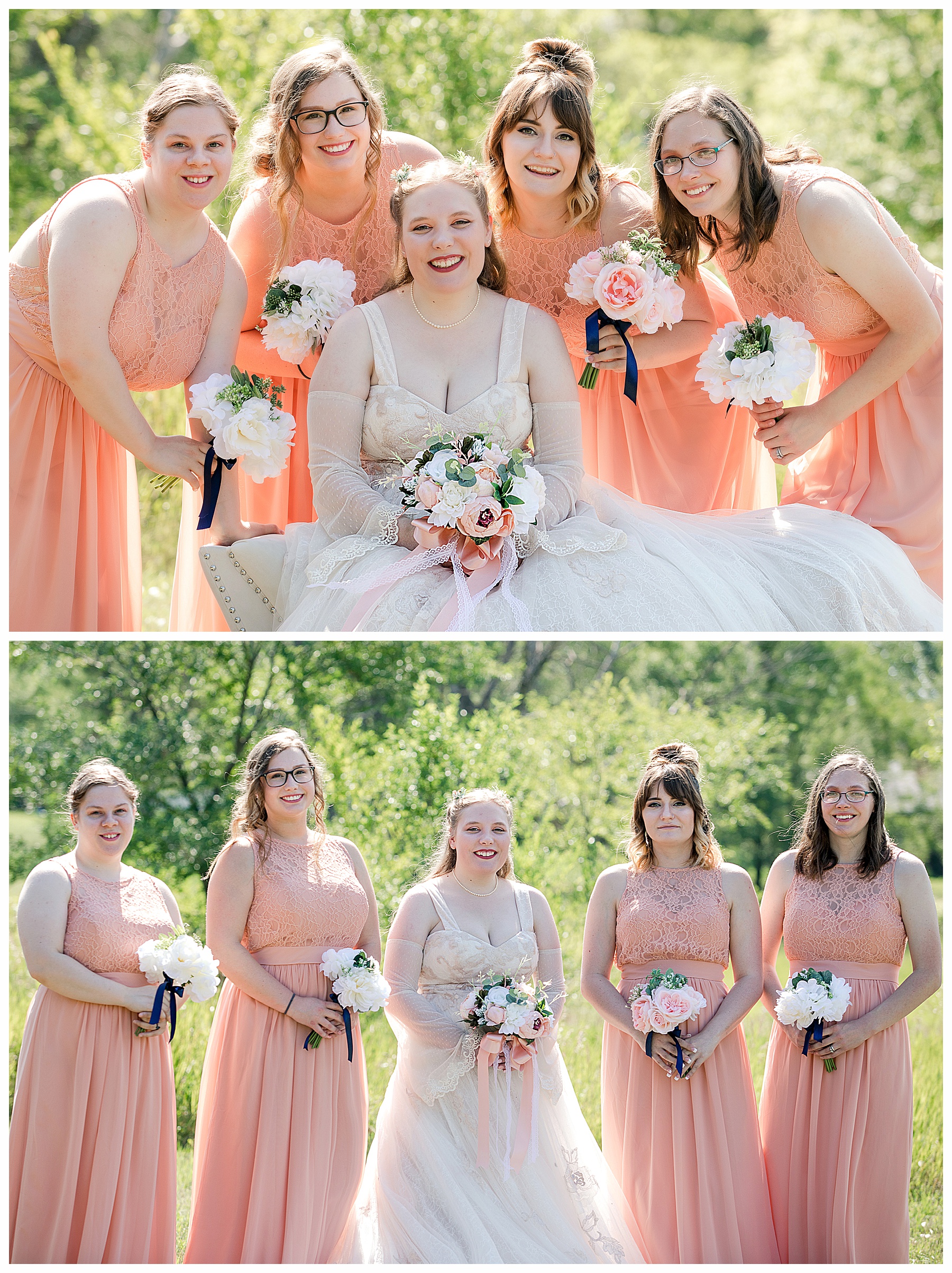 bride and bridesmaids in peach gowns