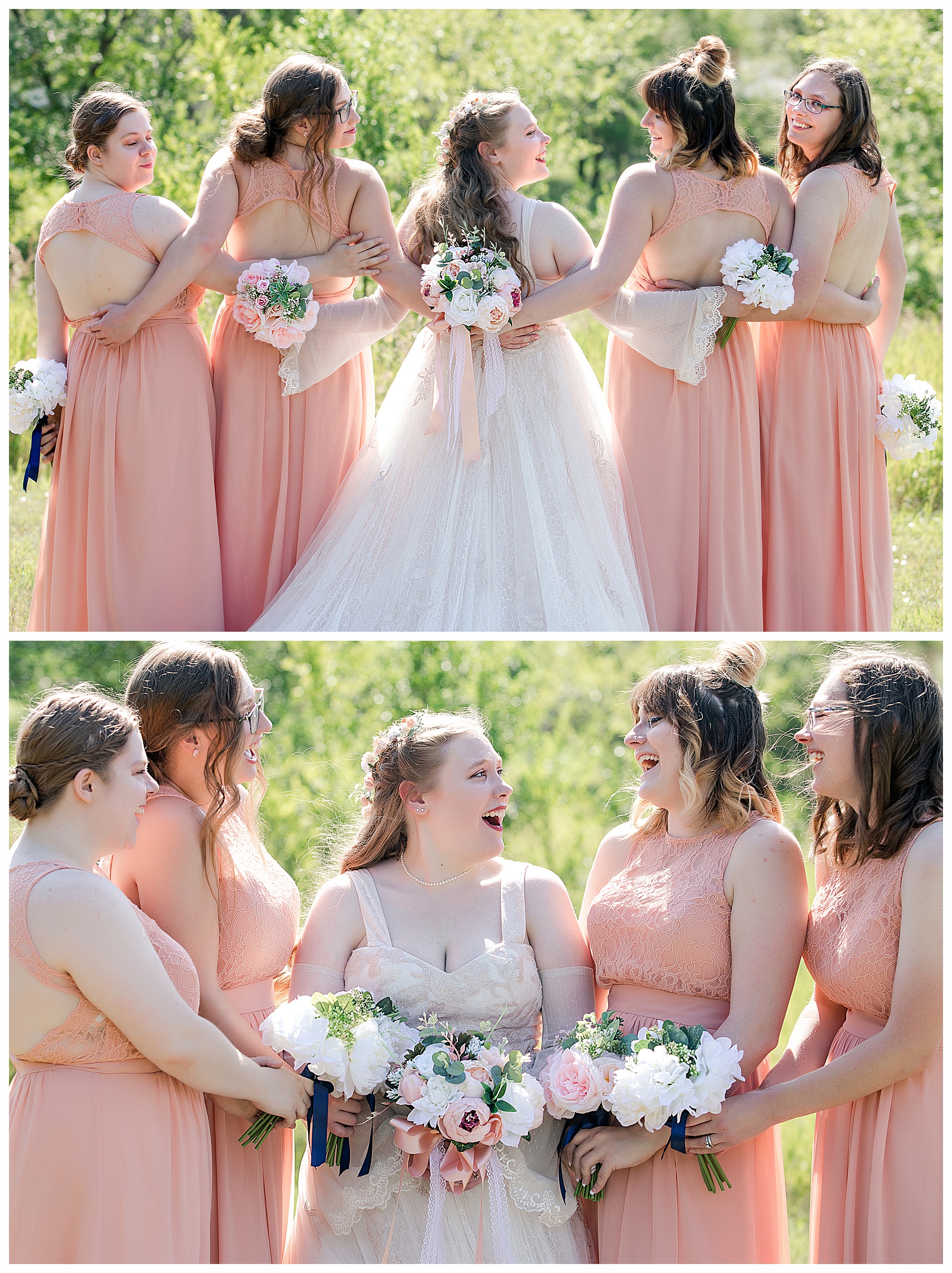 bride and bridesmaids in peach gowns