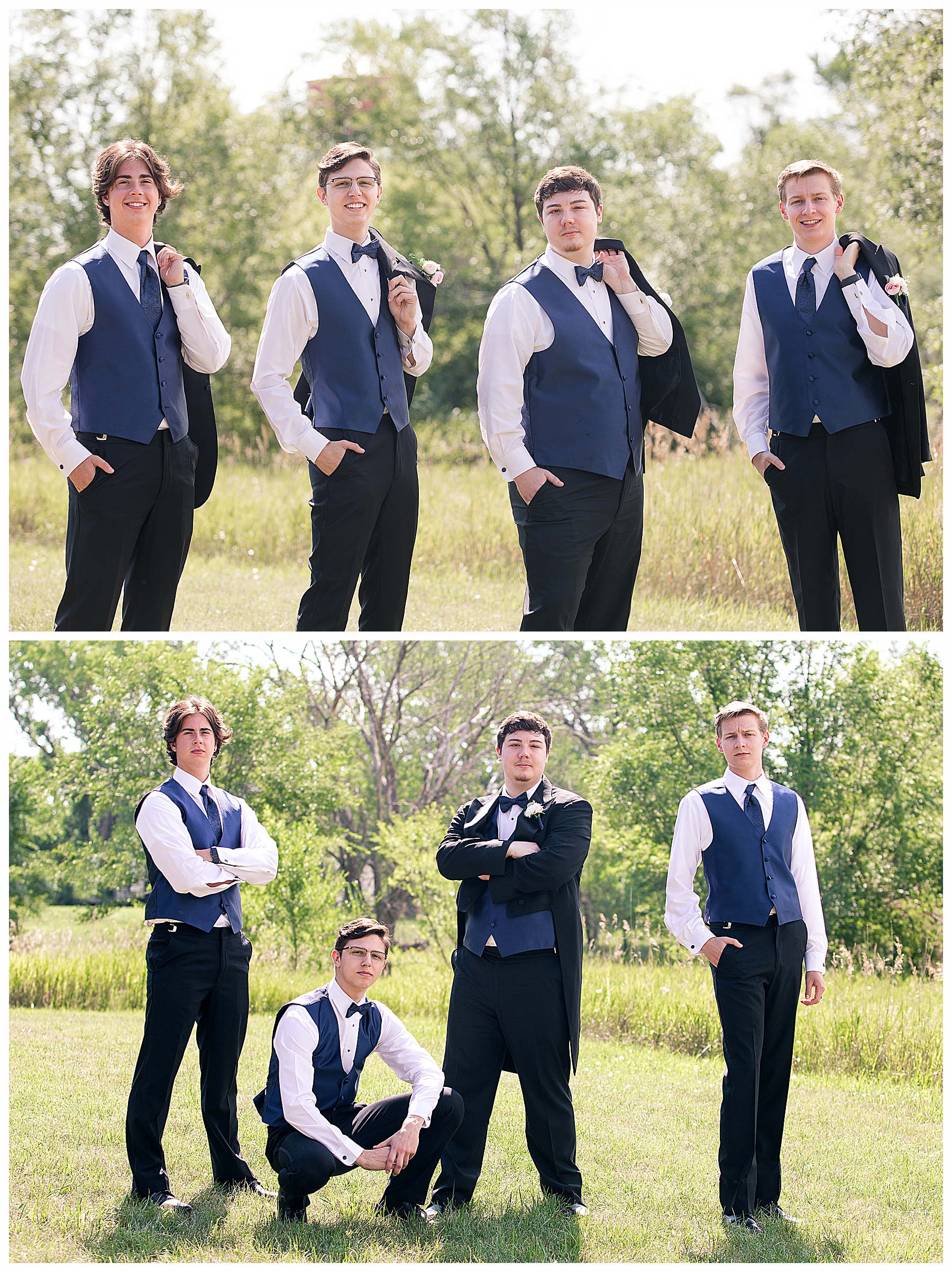 groom in tails with groomsmen in navy vests