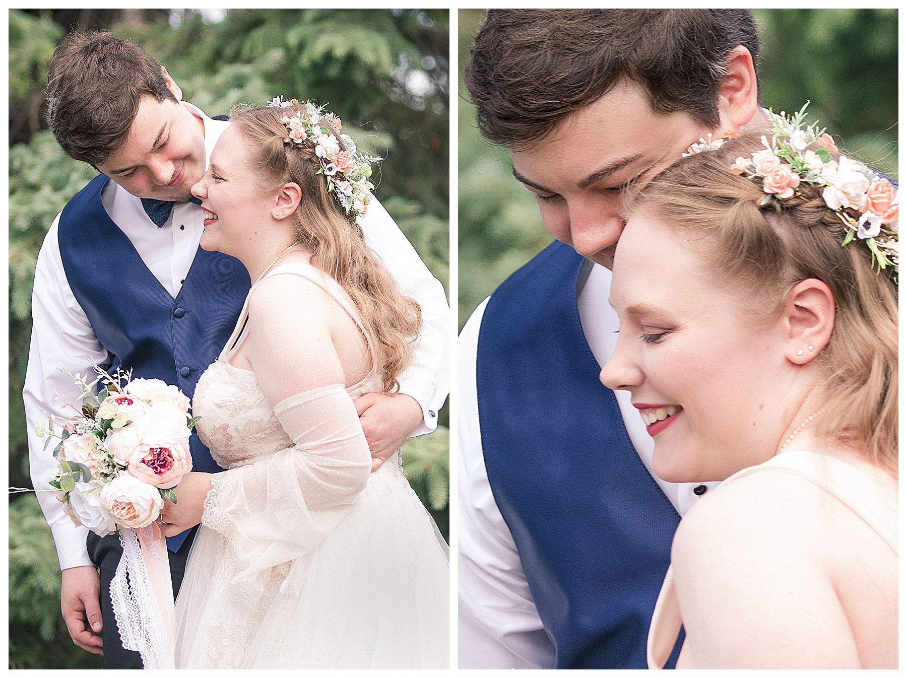 bride and groom first look navy tux