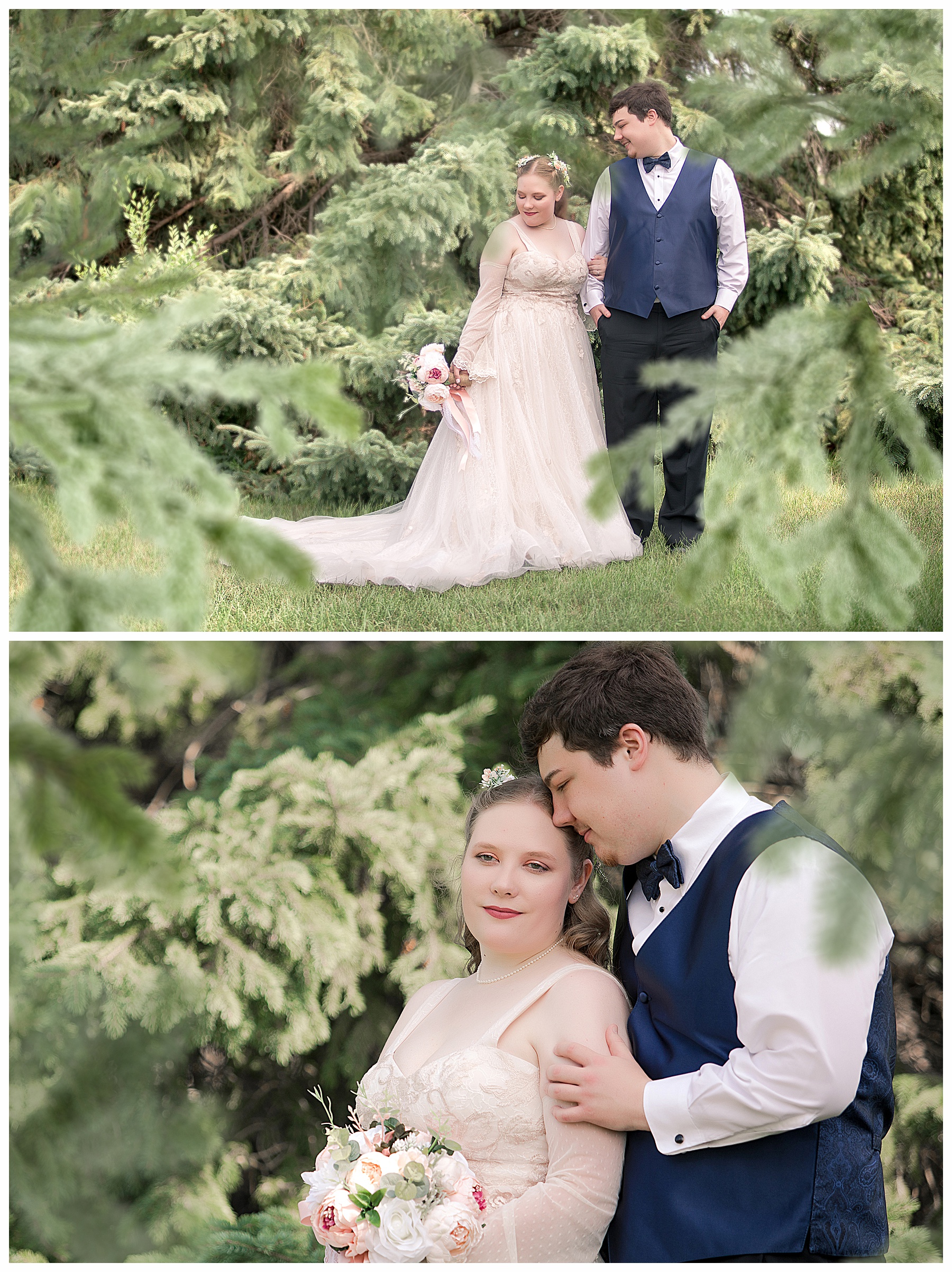 bride and groom in evergreen trees