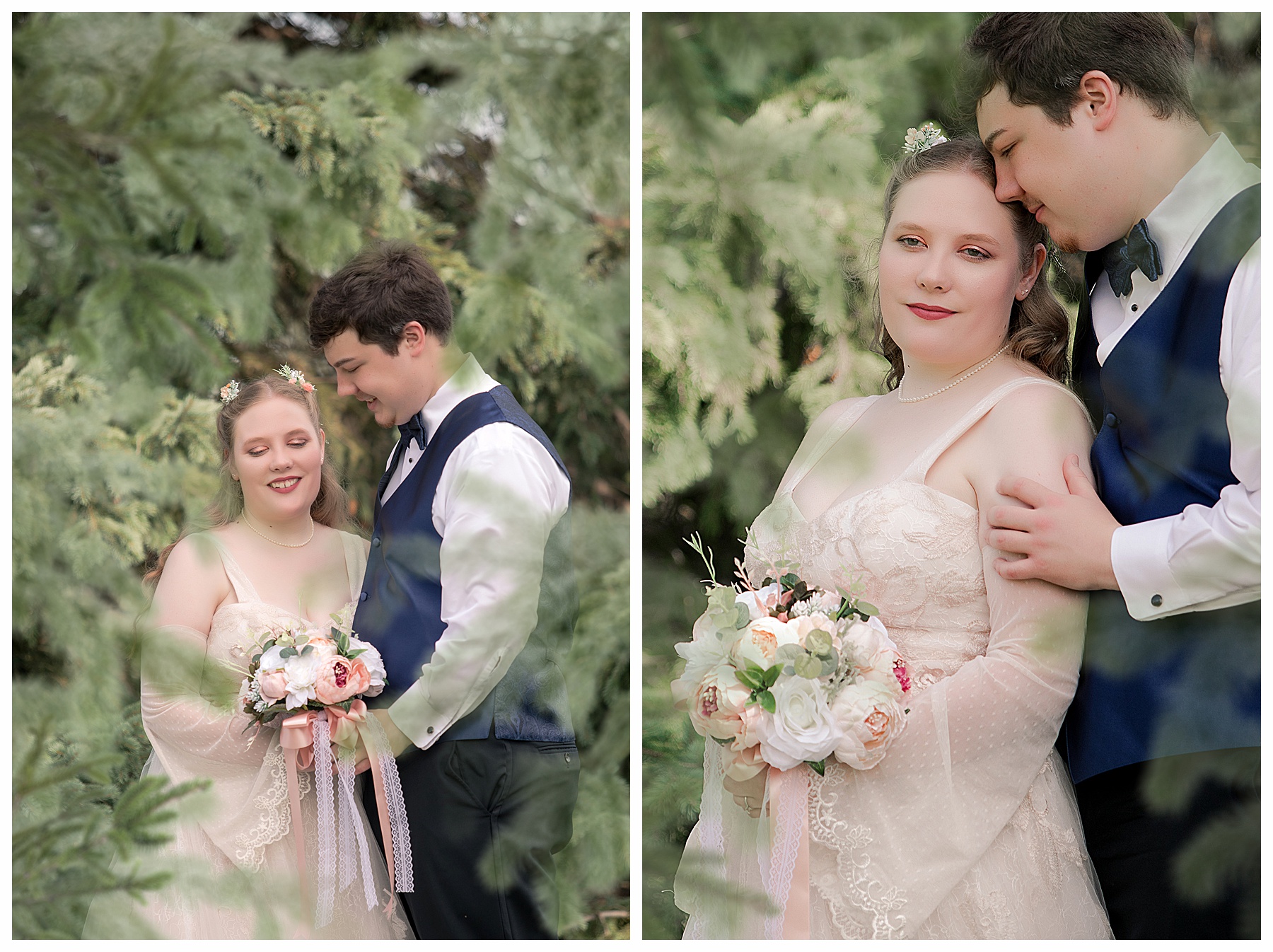 bride and groom in evergreen trees 