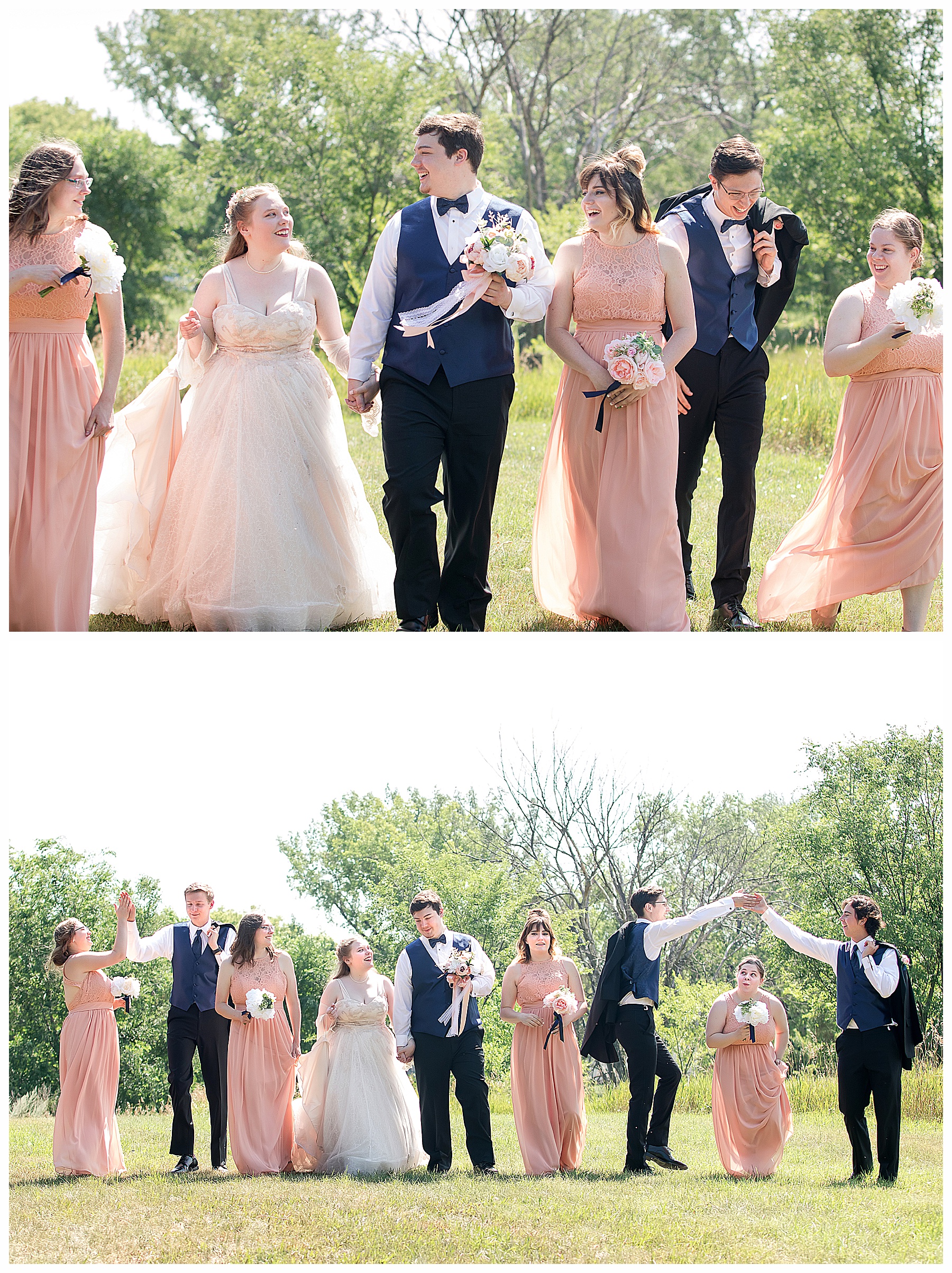 peach and navy wedding party photos
