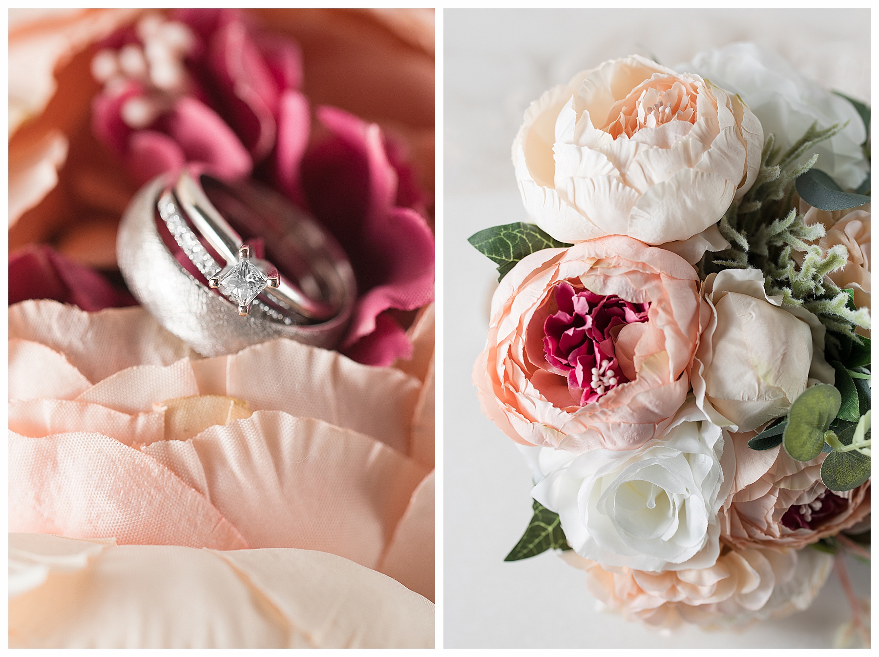 wedding ring detail photos with peach flowers