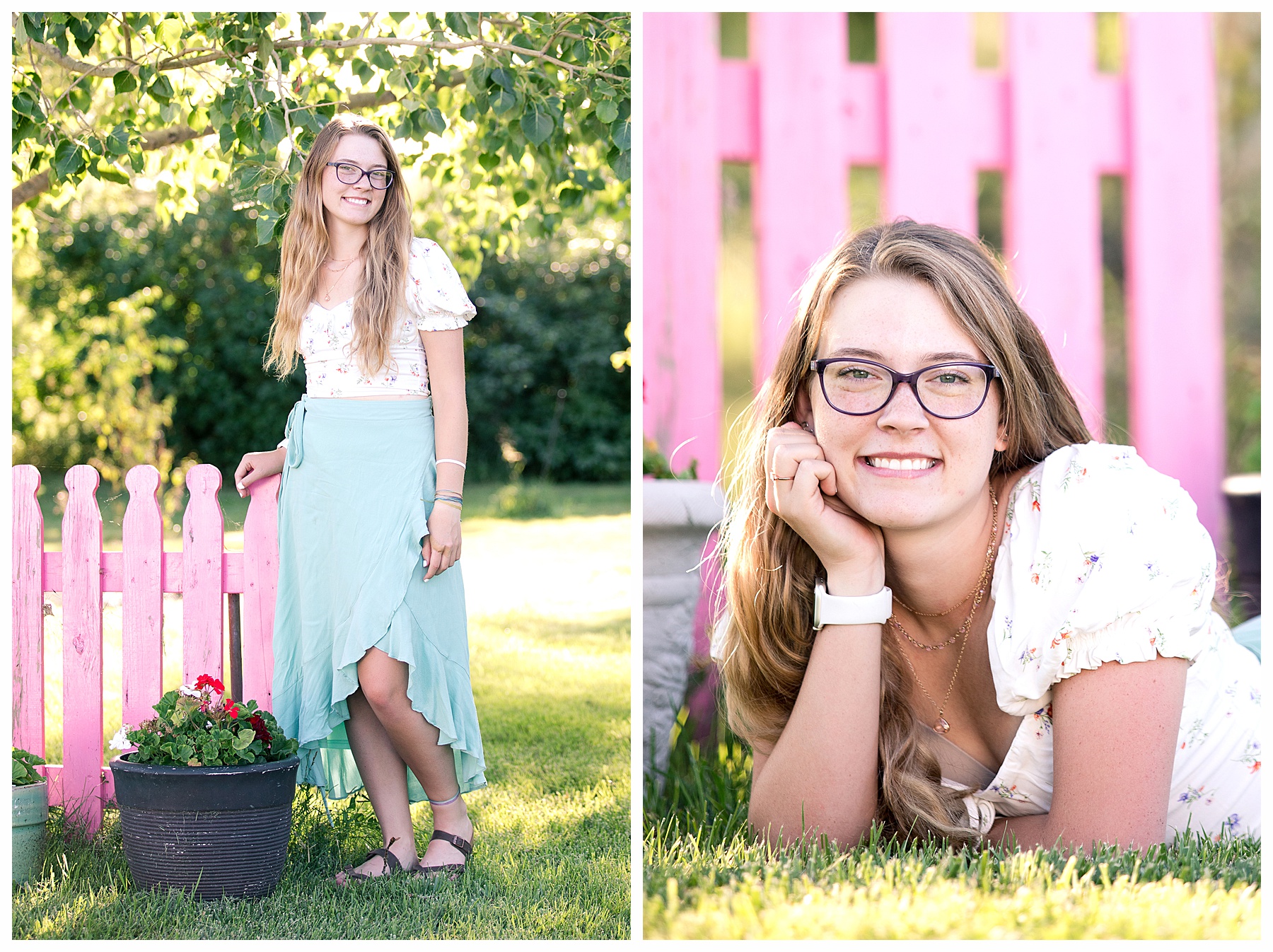 senior girl by pink fence