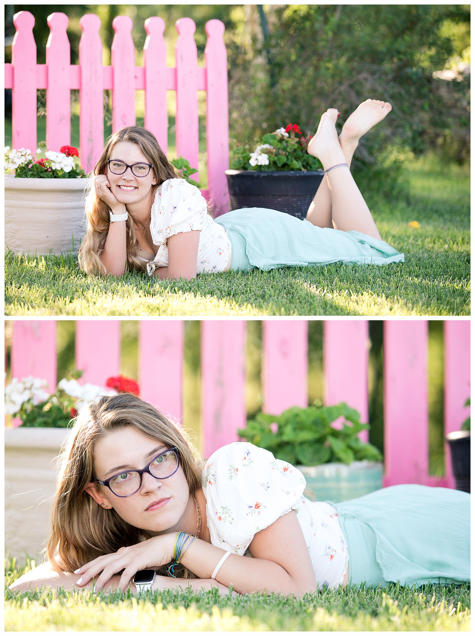 senior girl by pink fence