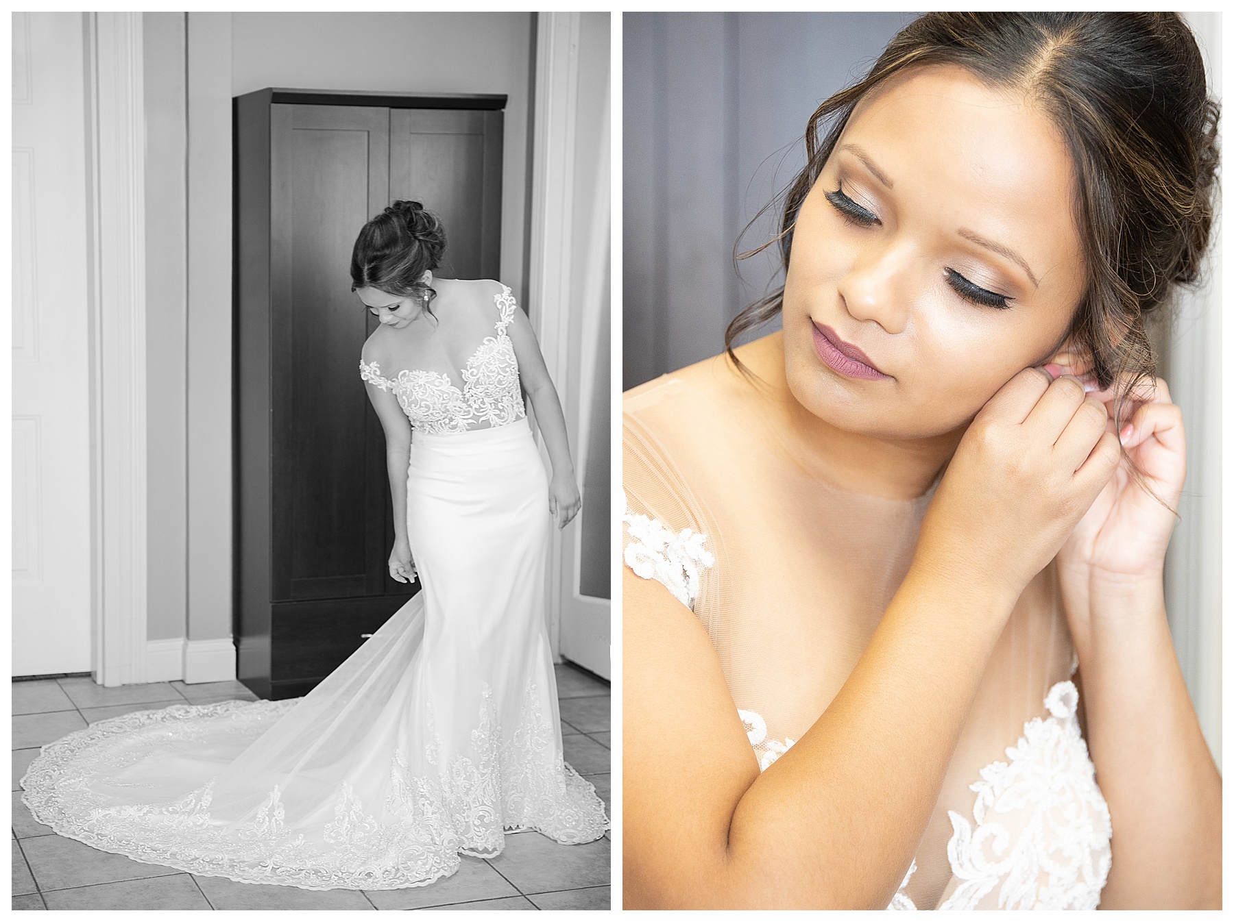 Bride getting ready putting on earring and getting into gown.  Gown photo in black and white. Photo by Bismarck ND photographer Justine