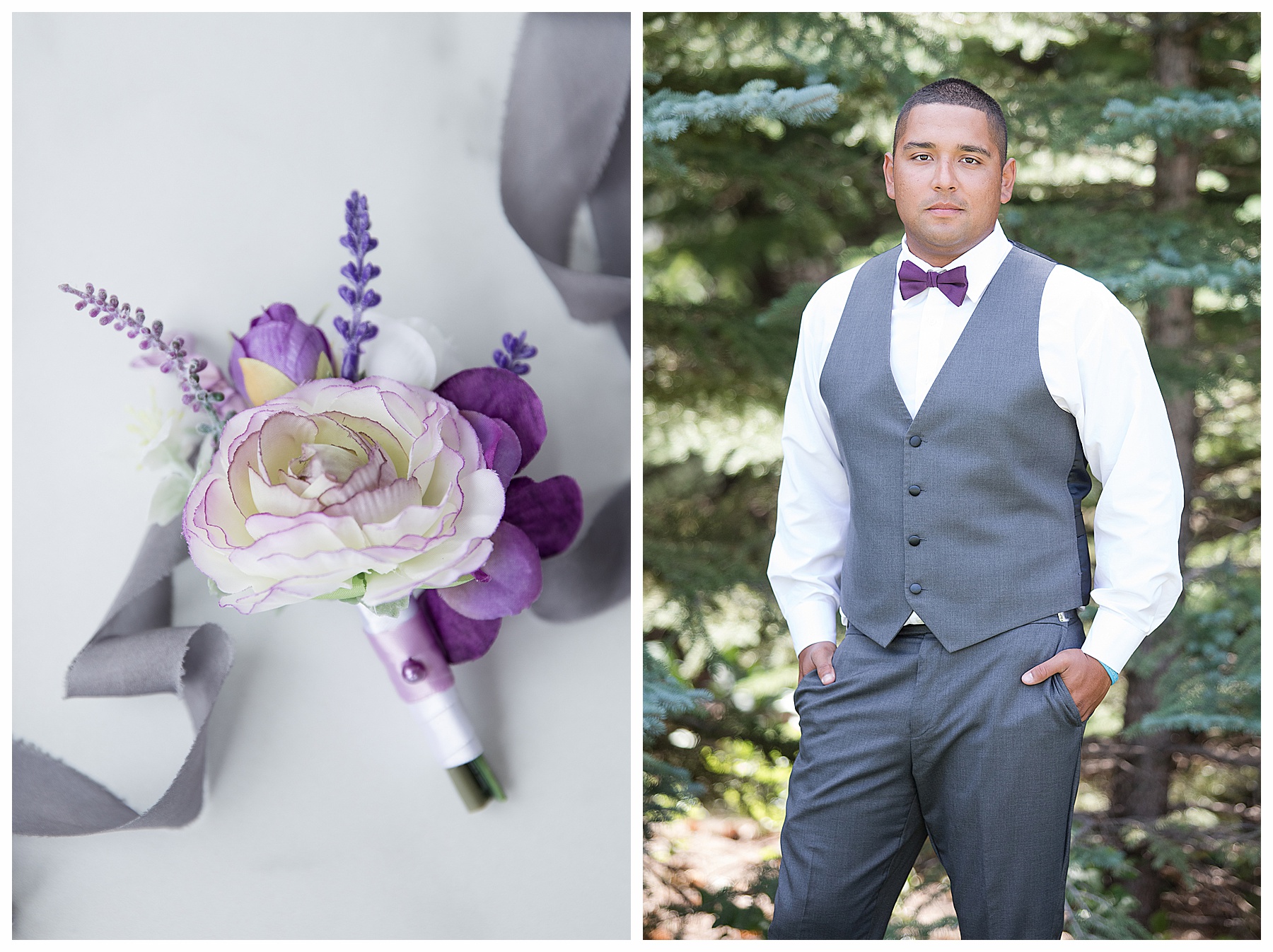 Bismarck groom in tux and purple bow tie standing in evergreen trees.  Photo by Photography by Justine bismarck wedding photographer