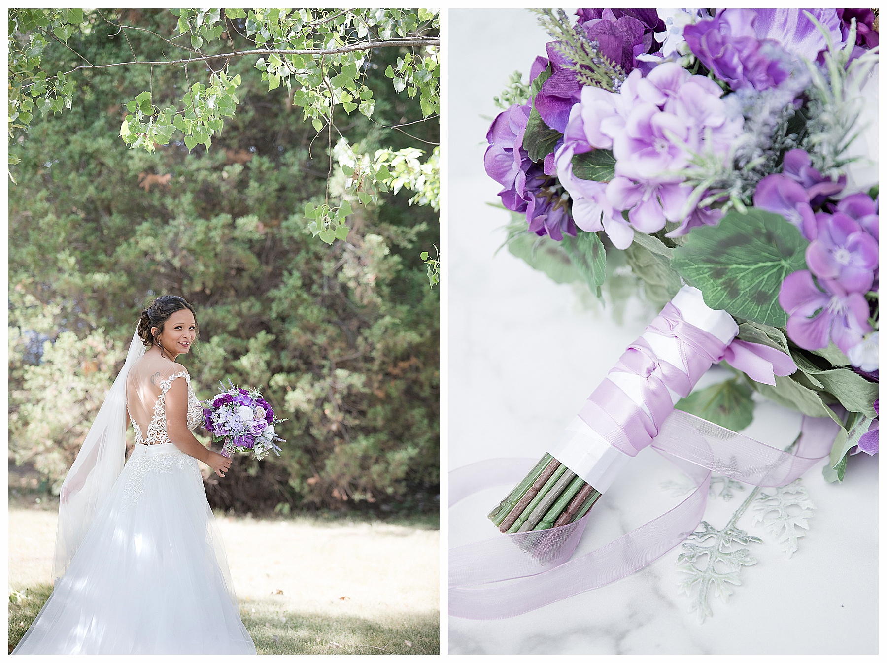 Bride, showing back of gown and veil, with lavender ad white bouquet
