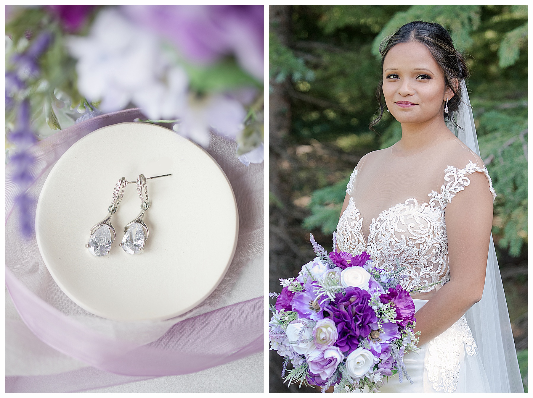 Bridal portrait of bride in custom gown and diamond earrings with lavender, purple and silver bouquet. Photo by Natural Impressions Photography by Justine, Bismarck Wedding Photographer