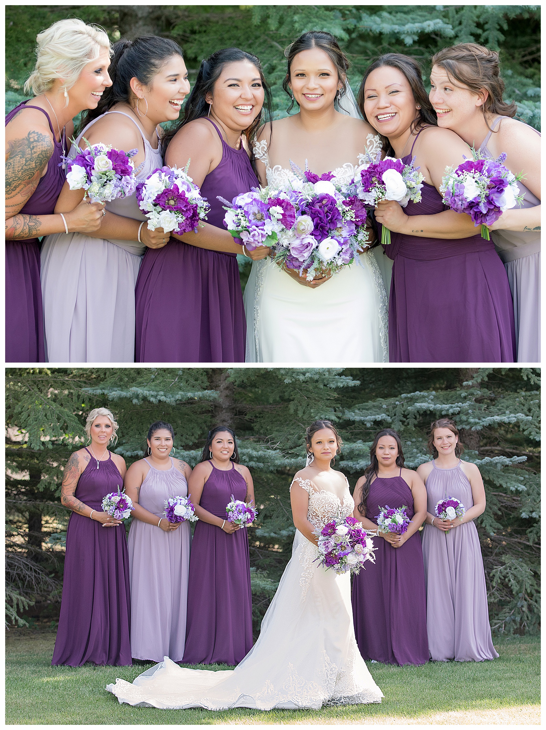 Bride and Brides maids in shades of purple and lavender.  Photo by Bismarck photographer, Justine