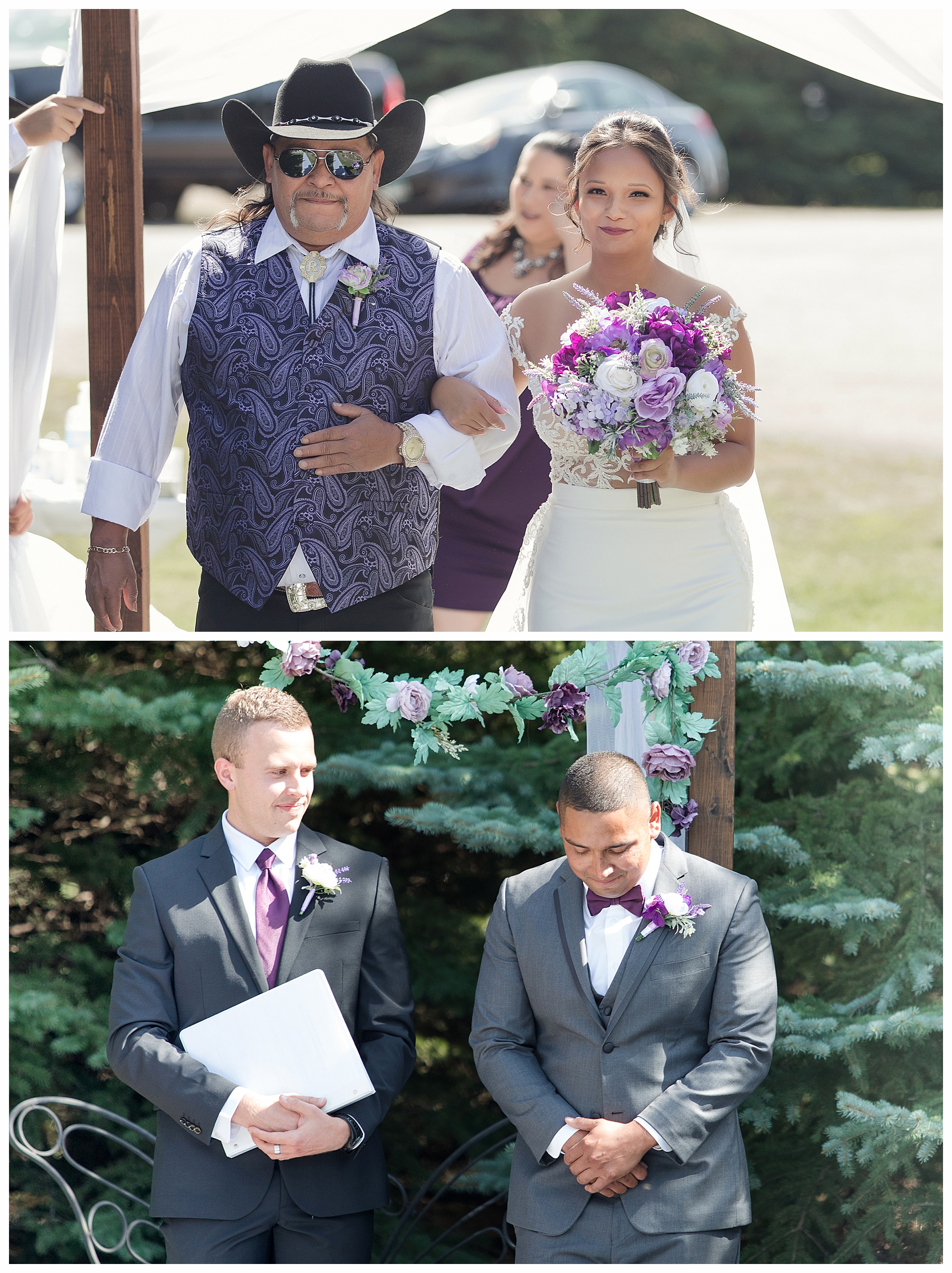 Bride walks down aisle in with her father in cowboy hat at outdoor ceremony.  Groom waiting for his bride coming down the aisle, while friend and officiant looks on.  Photo by Justine, Bismarck photographer