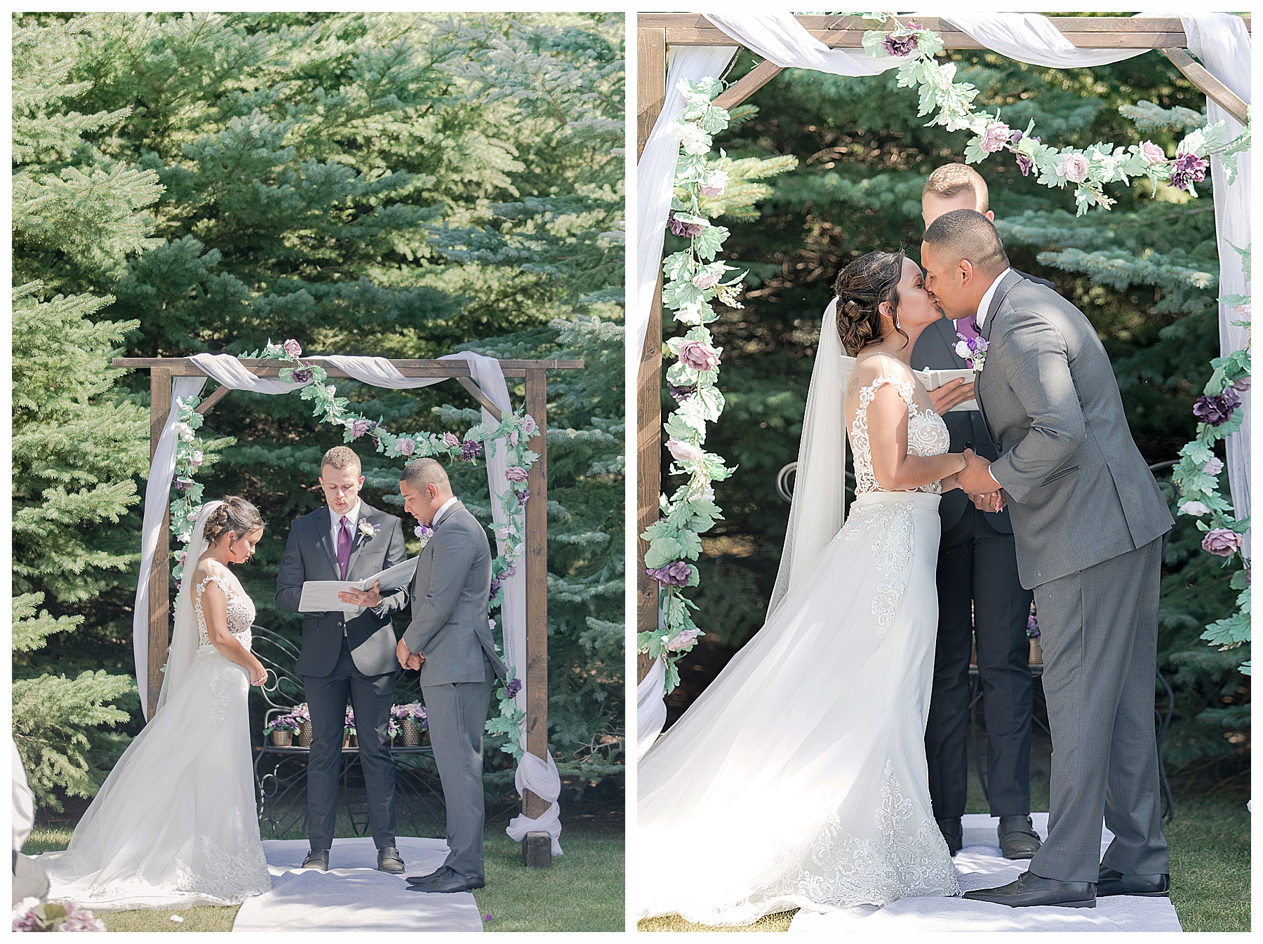 Bride and groom exchange vows and kiss during their bismarck outdoor ceremony in the trees.  Photo by Justine, a wedding photographer in Bismarck ND