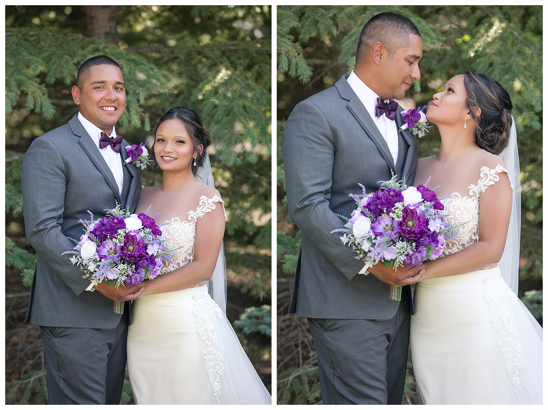 Bride and Groom portraits wearing purple and and grey.  Bismarck, ND wedding