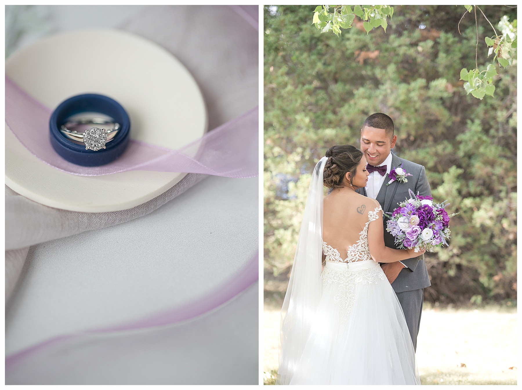 Groom smiles down at his bride who holds a purple and lavender bouquet .  Ring shot with blue silicone groom's ring and purple and grey ribbon.  Bismack wedding photgorapher, Natural Impressions Photography by Justine