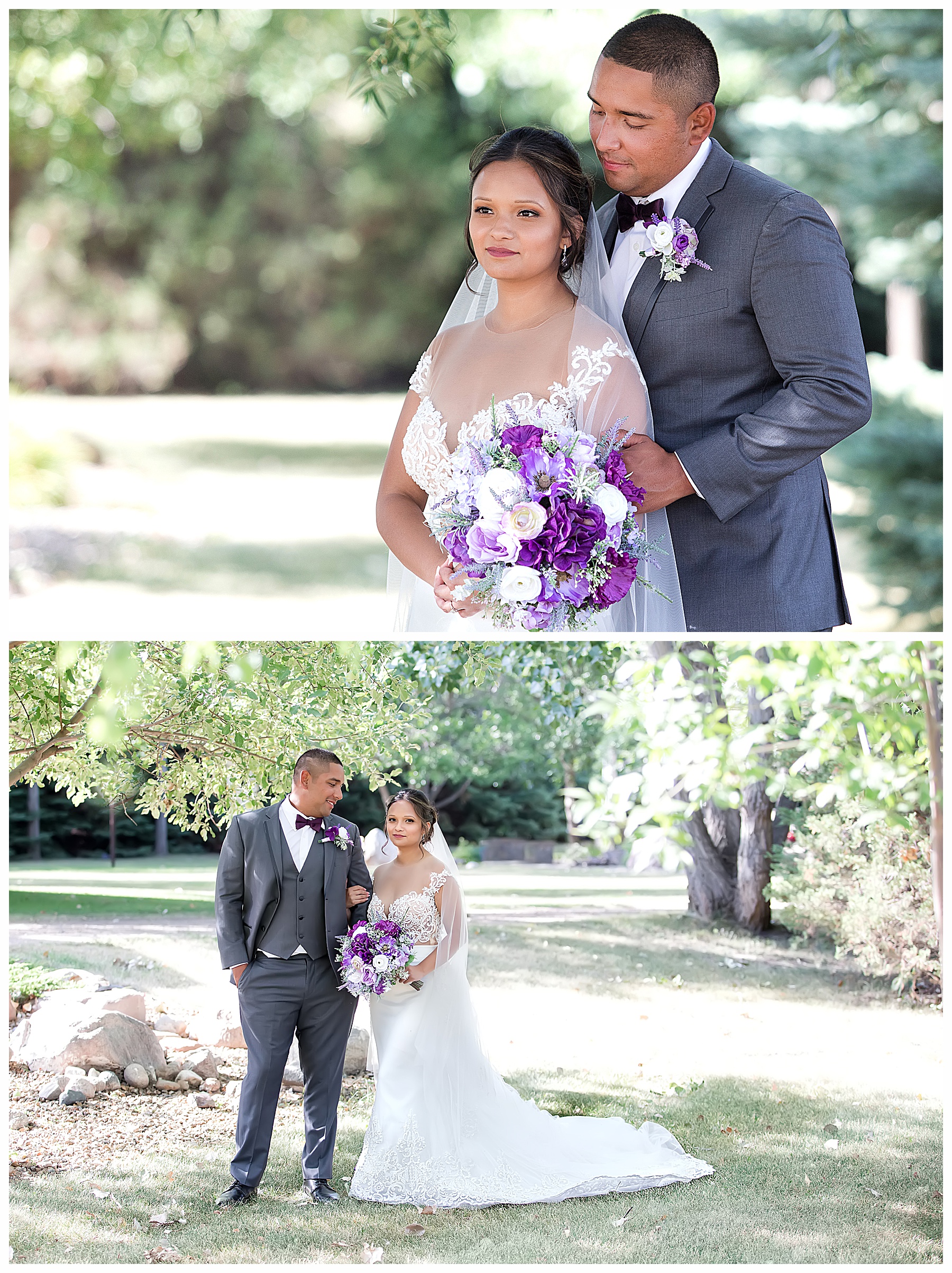 Bride and Groom under trees after Bismarck backyard wedding.  Photography by Justine, Bismarck wedding photographer