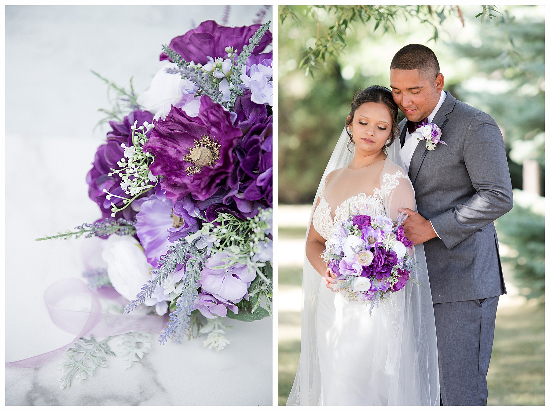 Purple and lavender bouquet and bride and groom with grey tux and purple bow tie.  Natural Impressions, Photography by Justine in Bismarck ND