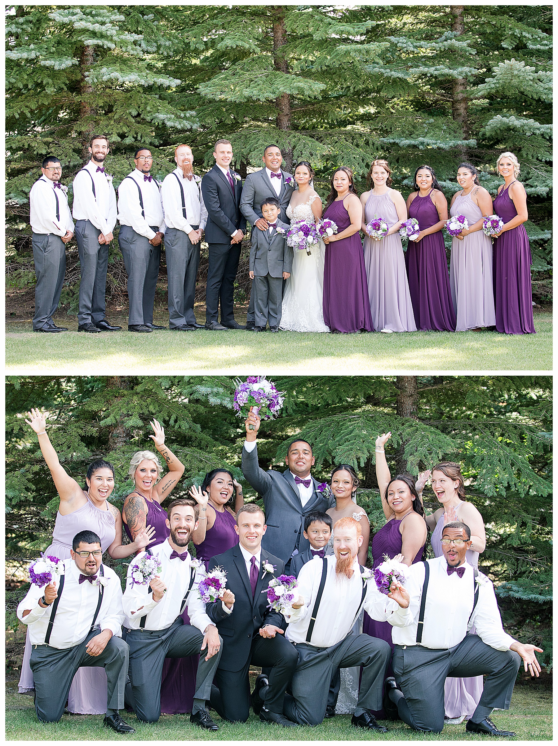 Wedding party having fun and wearing Shades of Purple and lavender.  Photographer in Bismarck ND, Justine