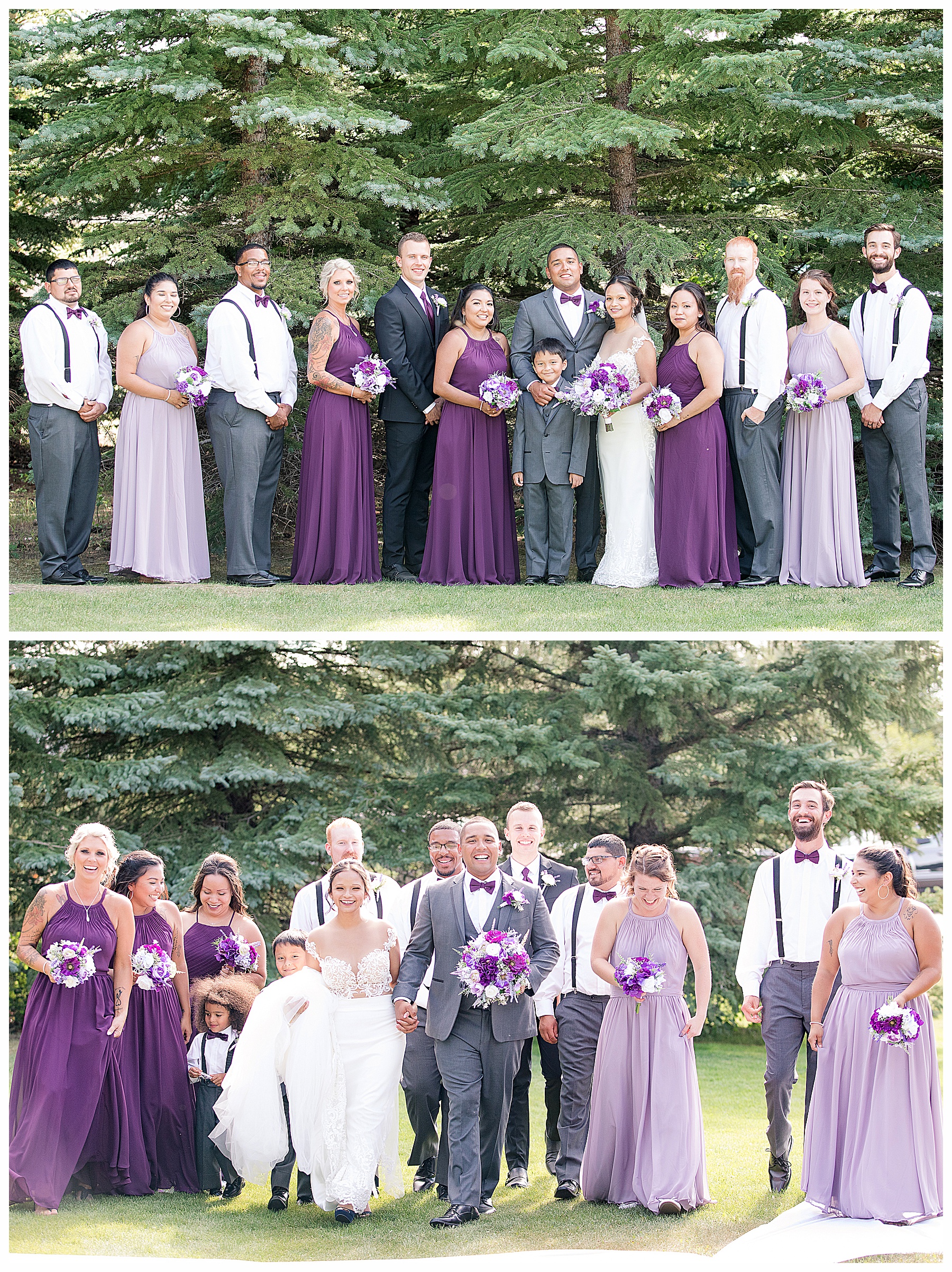 Wedding party walking in sun and wearing Shades of Purple and lavender.  Photographer in Bismarck ND, Justine