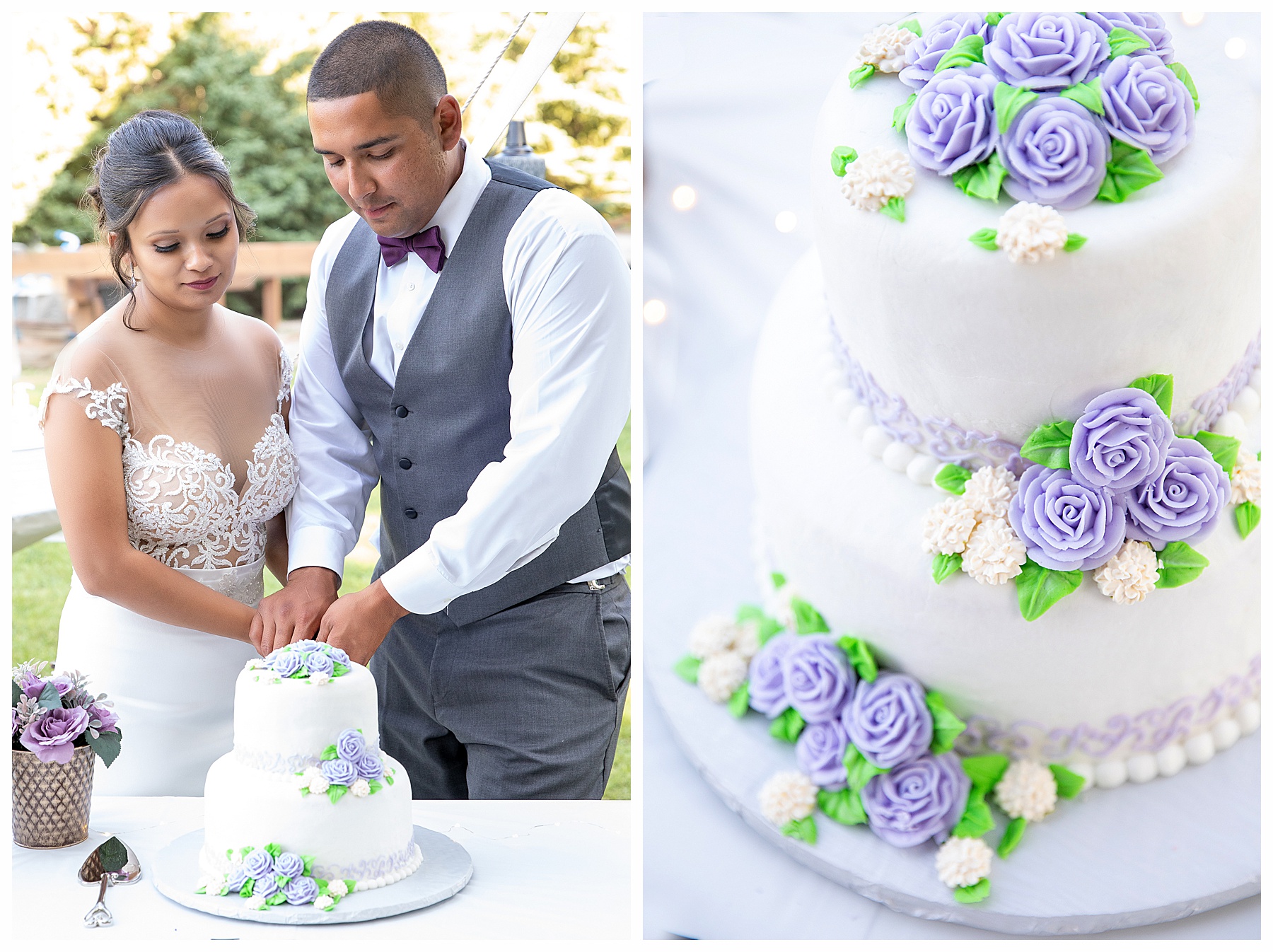 Bride and groom cut purple and white cake during outdoor wedding reception.  Natural Impressions Photography by Justine, photographer in Bismarck ND