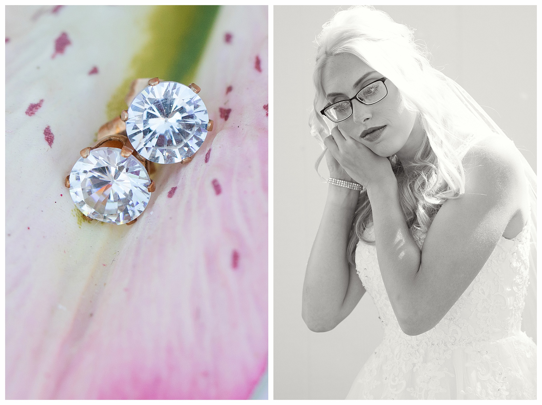 wedding earrings photo taken on pink lily petals.  Photo of bride putting on earrings.  