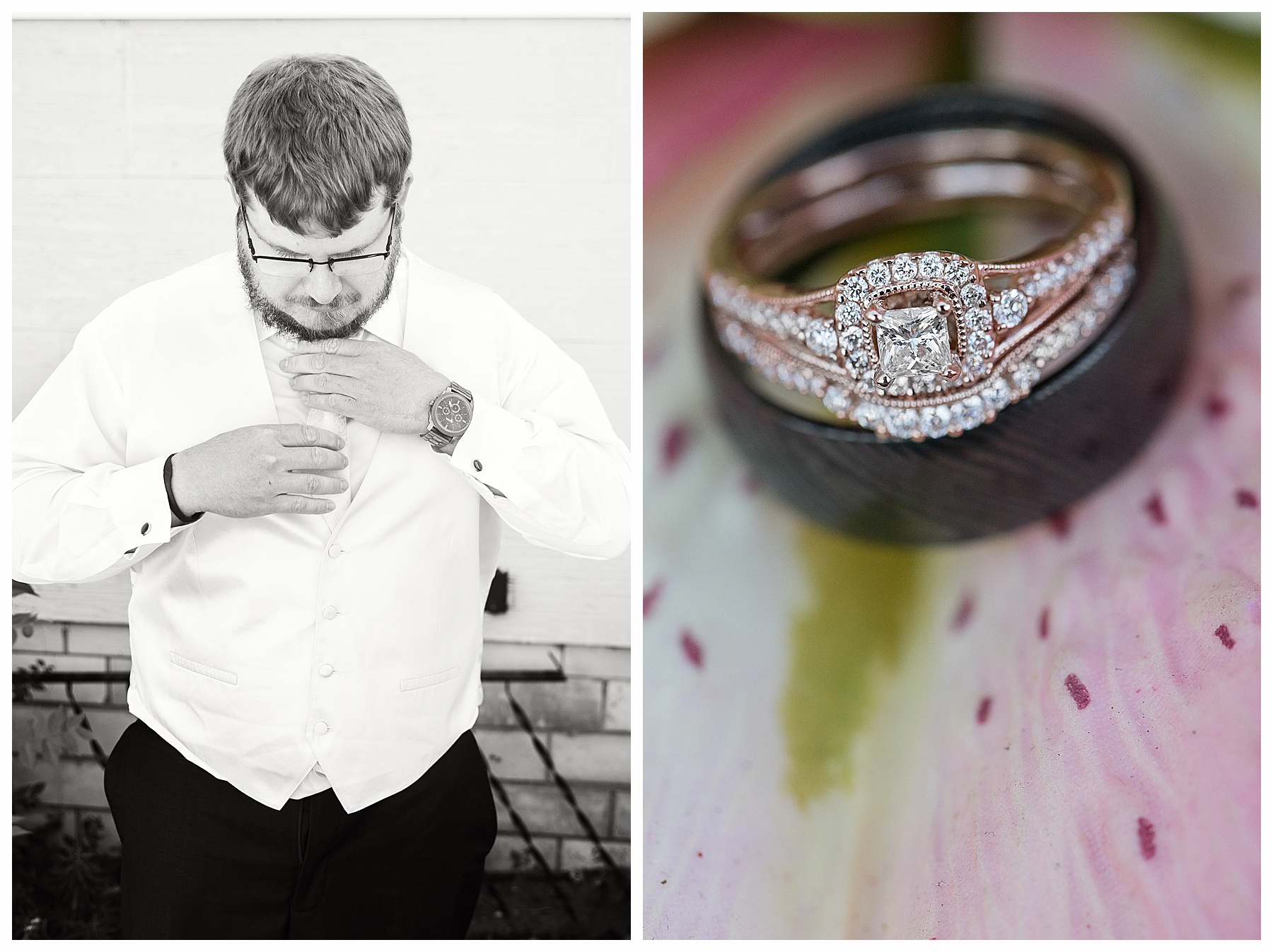 groom fixing his tie black and white.  Photo with wedding rings on a pink lily petal