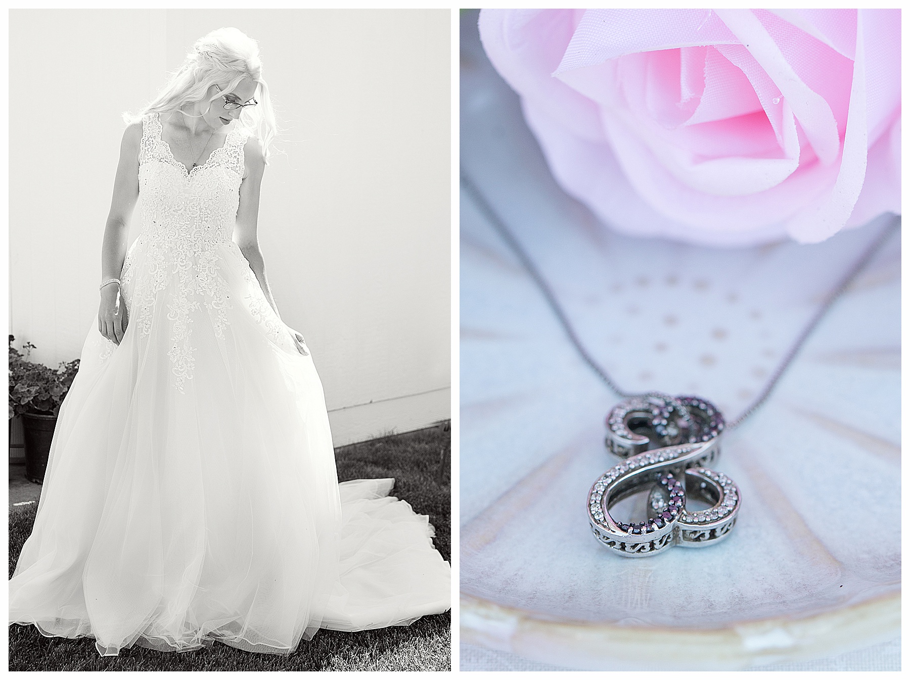 black and white photos of bride getting ready before the ceremony.  Detail photo of gift necklace for the bride