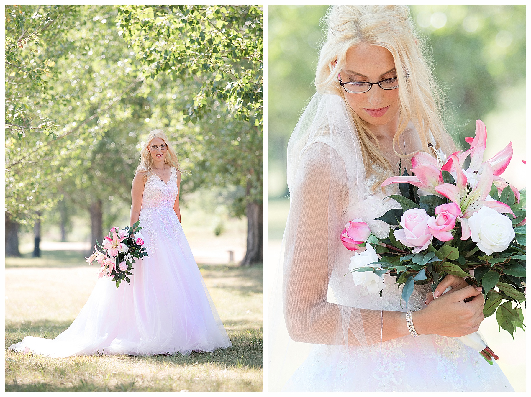 Bride wearing glasses in pink wedding gown and holding a pink lily bouquet.  Photo by Justine, a wedding photographer in Bismarck ND