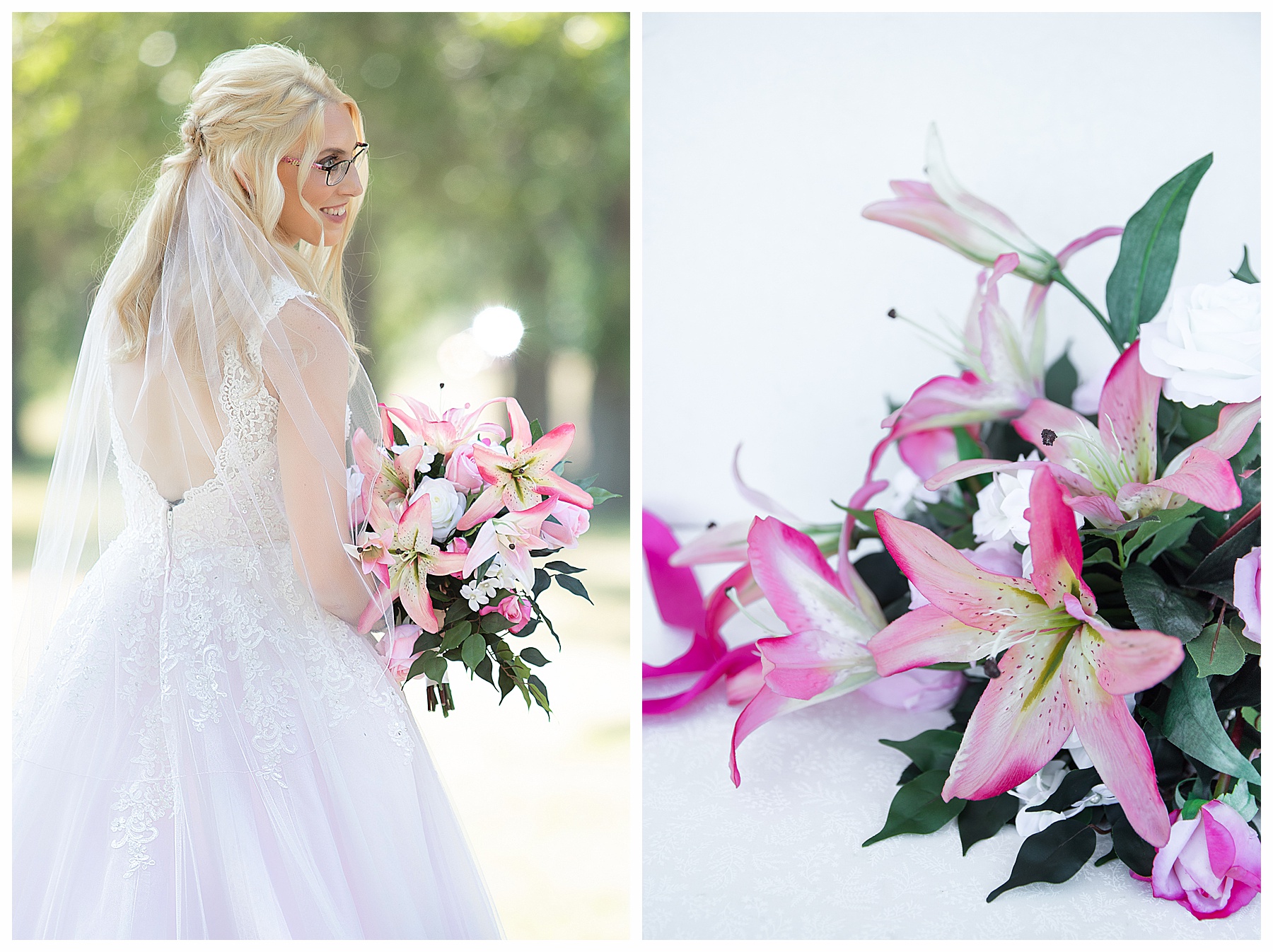 photo of bride from back and wearing glasses and holding pink lily bouquet.  Photography by Justine, a wedding photographer in Bismarck ND